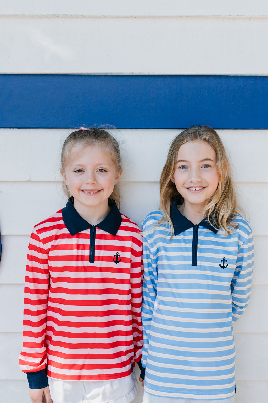BRONTE - Kids Fishing Shirt | Girls Pink & Red Stripe Shirt with Embroidered Anchor