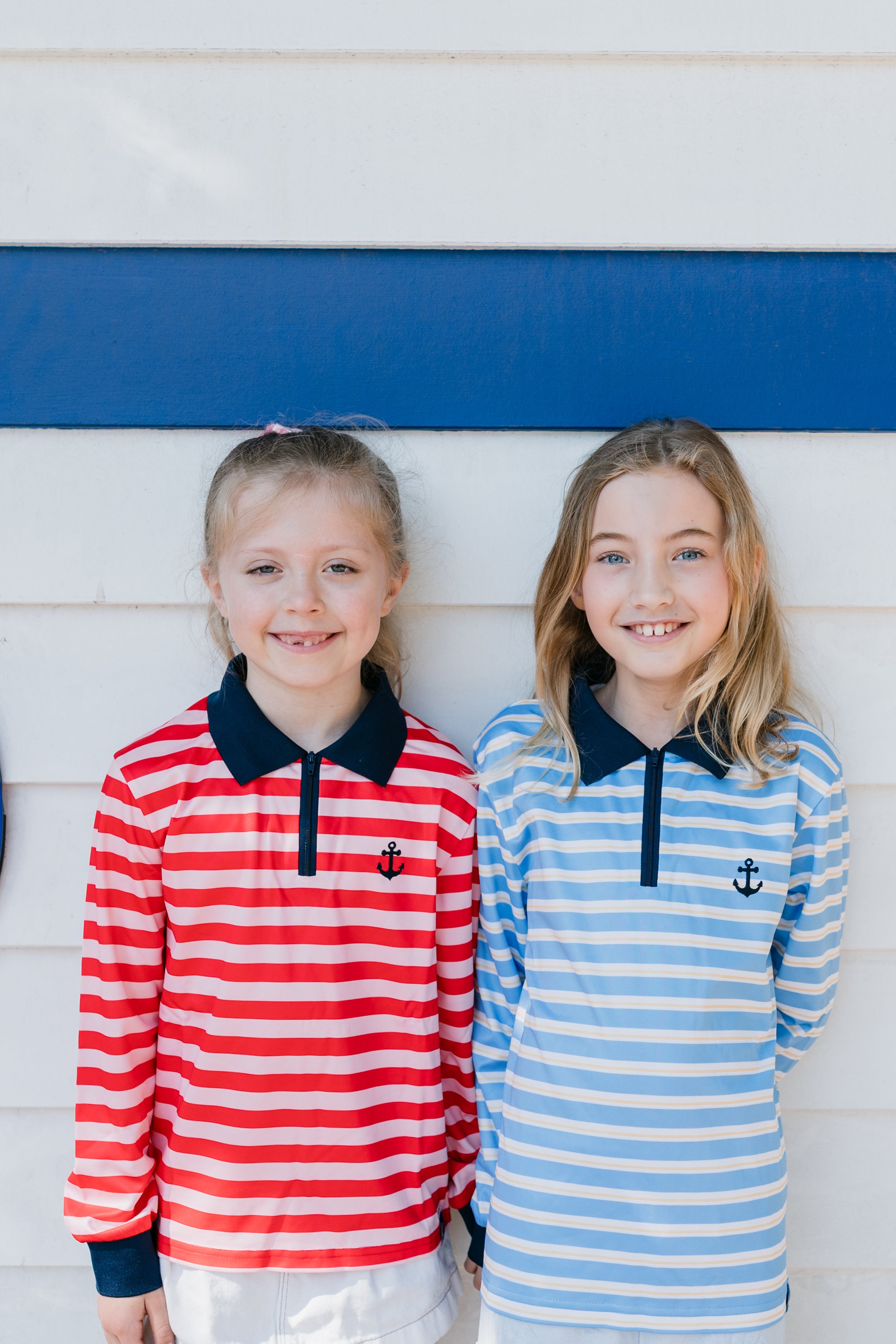 BRONTE - Kids Fishing Shirt | Girls Pink & Red Stripe Shirt with Embroidered Anchor