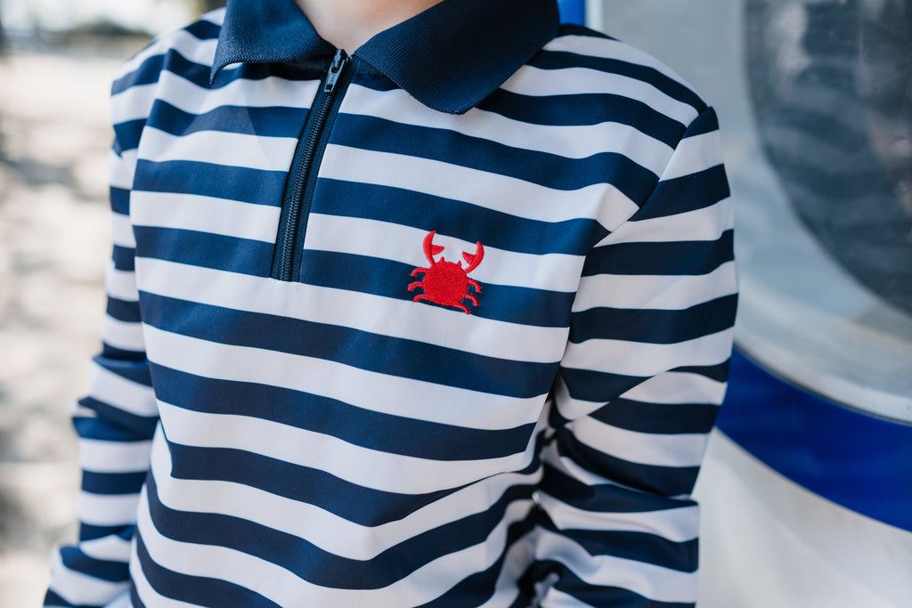 NOOSA - Kids Fishing Shirt | Wide Navy & White Stripe with Embroidered Crab