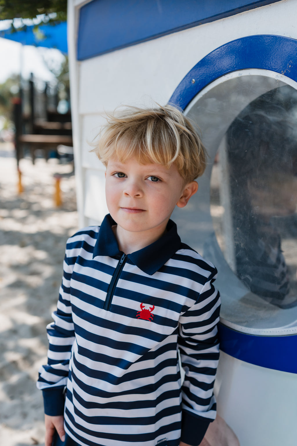 NOOSA - Kids Fishing Shirt | Wide Navy & White Stripe with Embroidered Crab