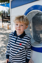 NOOSA - Kids Fishing Shirt | Wide Navy & White Stripe with Embroidered Crab