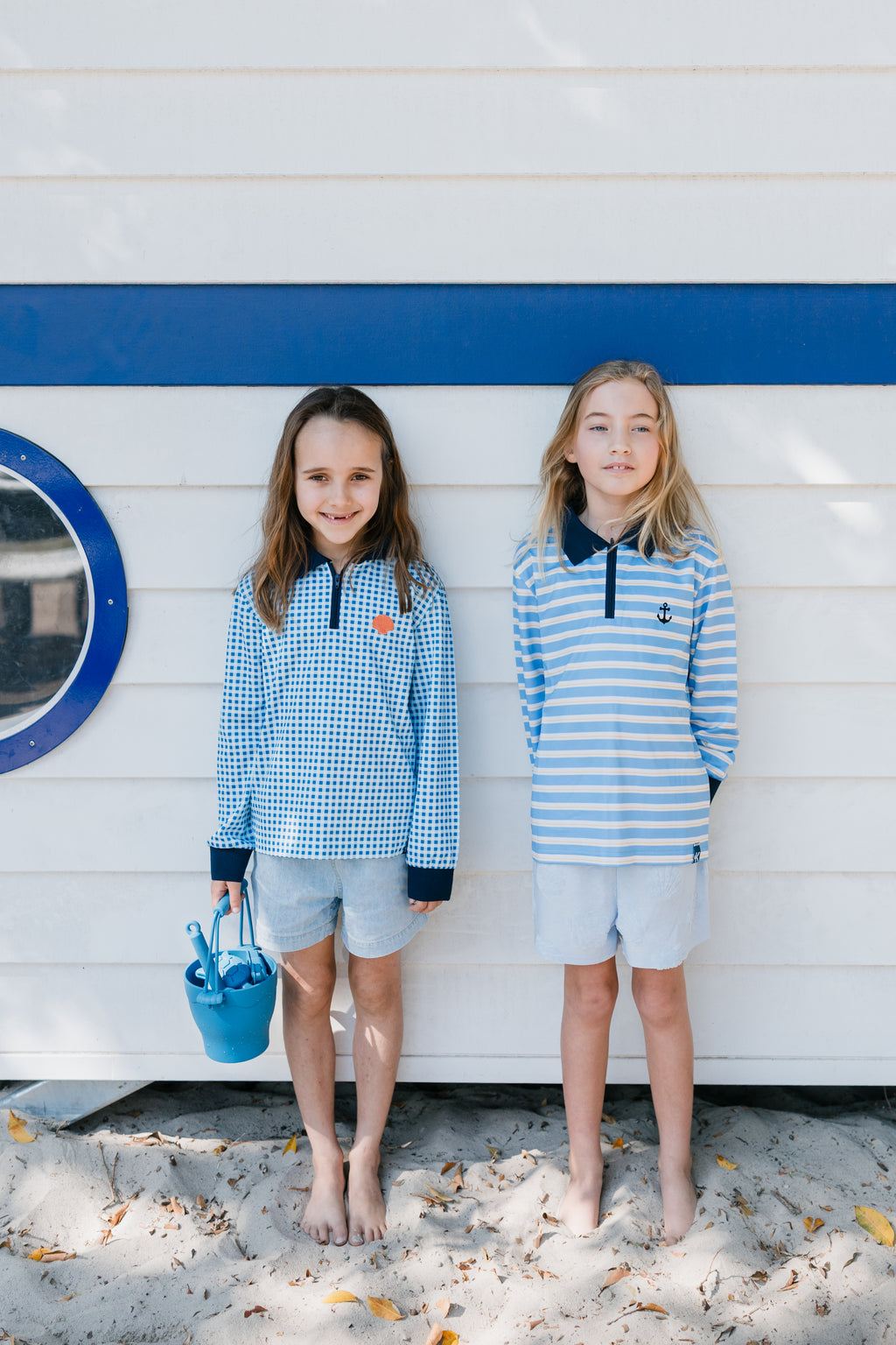YAMBA - Kids Fishing Shirt | Girls Blue Gingham Shirt with Embriodered Shell
