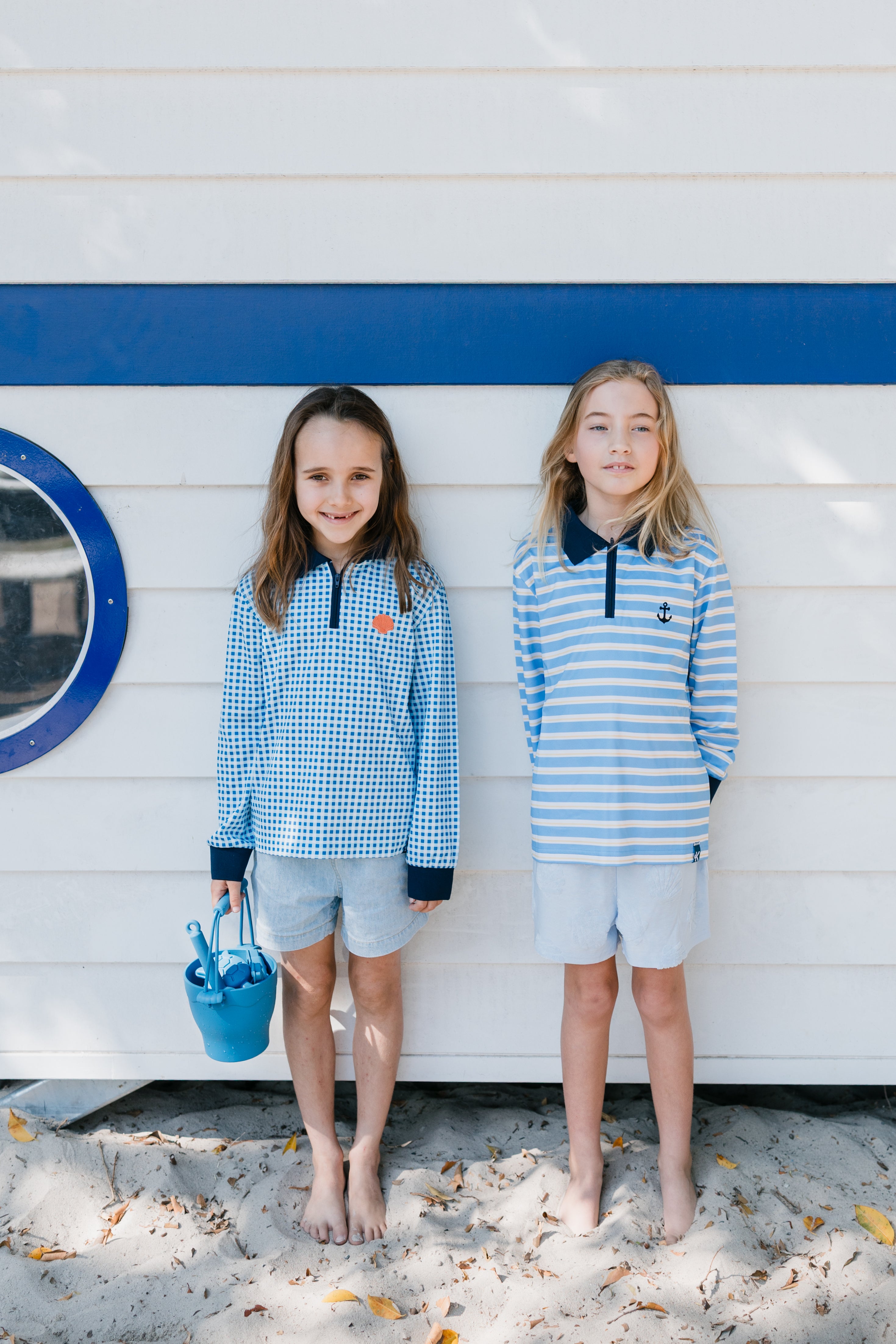 YAMBA - Kids Fishing Shirt | Girls Blue Gingham Shirt with Embriodered Shell