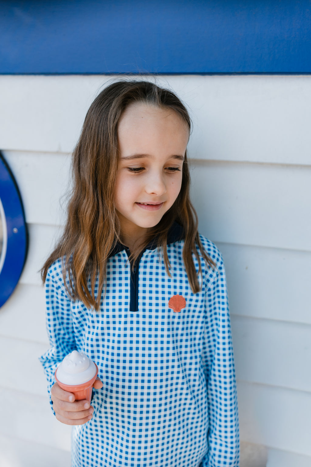 YAMBA - Kids Fishing Shirt | Girls Blue Gingham Shirt with Embriodered Shell
