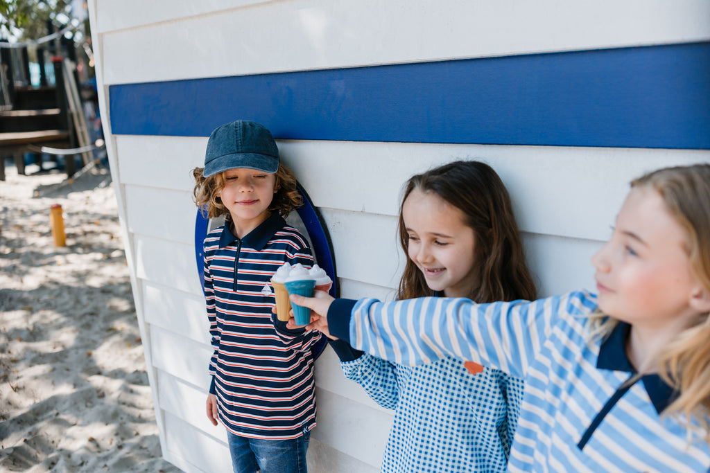 LENNOX - Kids Fishing Shirt | Navy & Red Stripe Shirt with Boat
