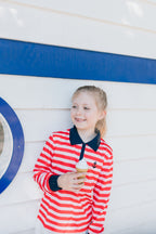 BRONTE - Kids Fishing Shirt | Girls Pink & Red Stripe Shirt with Embroidered Anchor