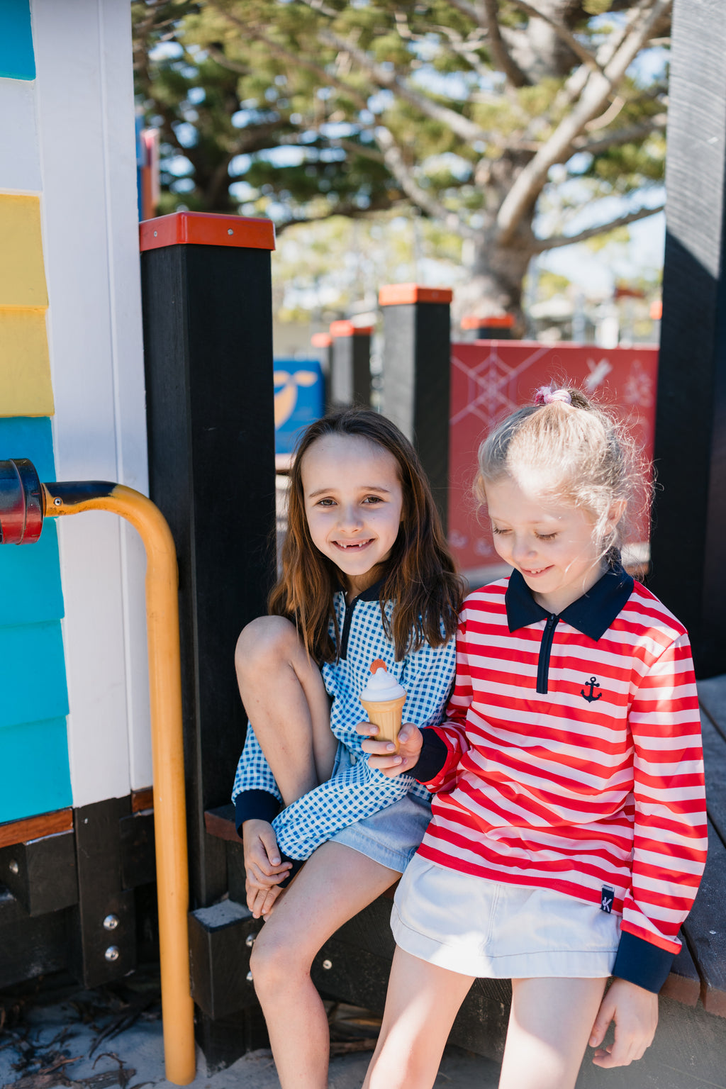 BRONTE - Kids Fishing Shirt | Girls Pink & Red Stripe Shirt with Embroidered Anchor