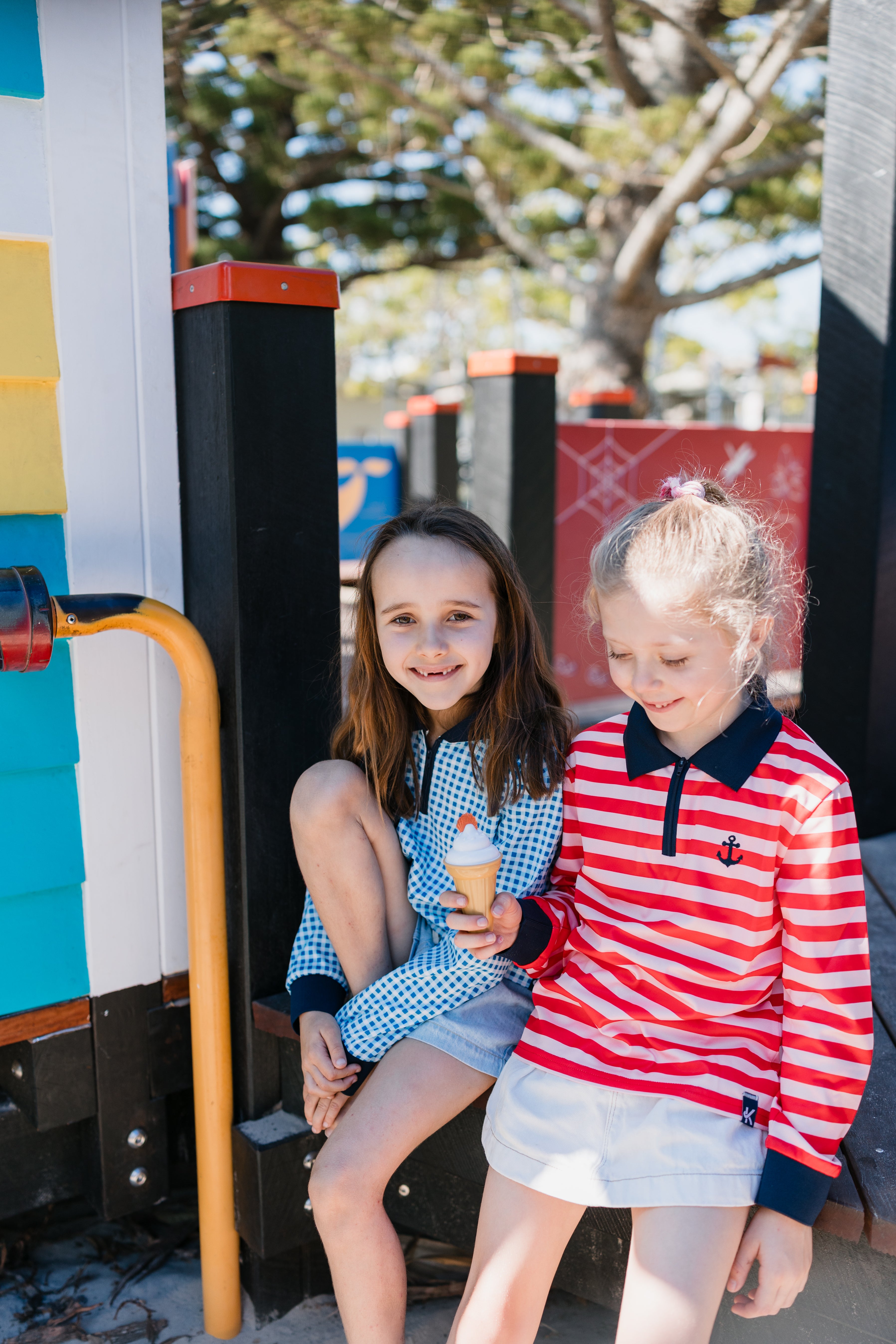 BRONTE - Kids Fishing Shirt | Girls Pink & Red Stripe Shirt with Embroidered Anchor