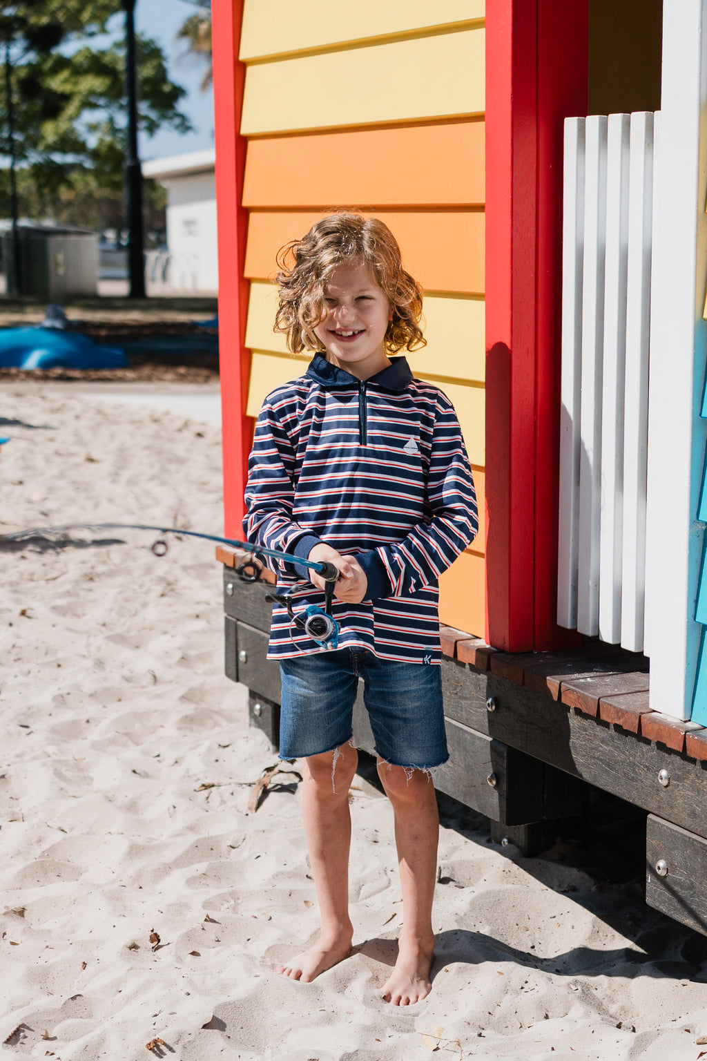 LENNOX - Kids Fishing Shirt | Navy & Red Stripe Shirt with Boat