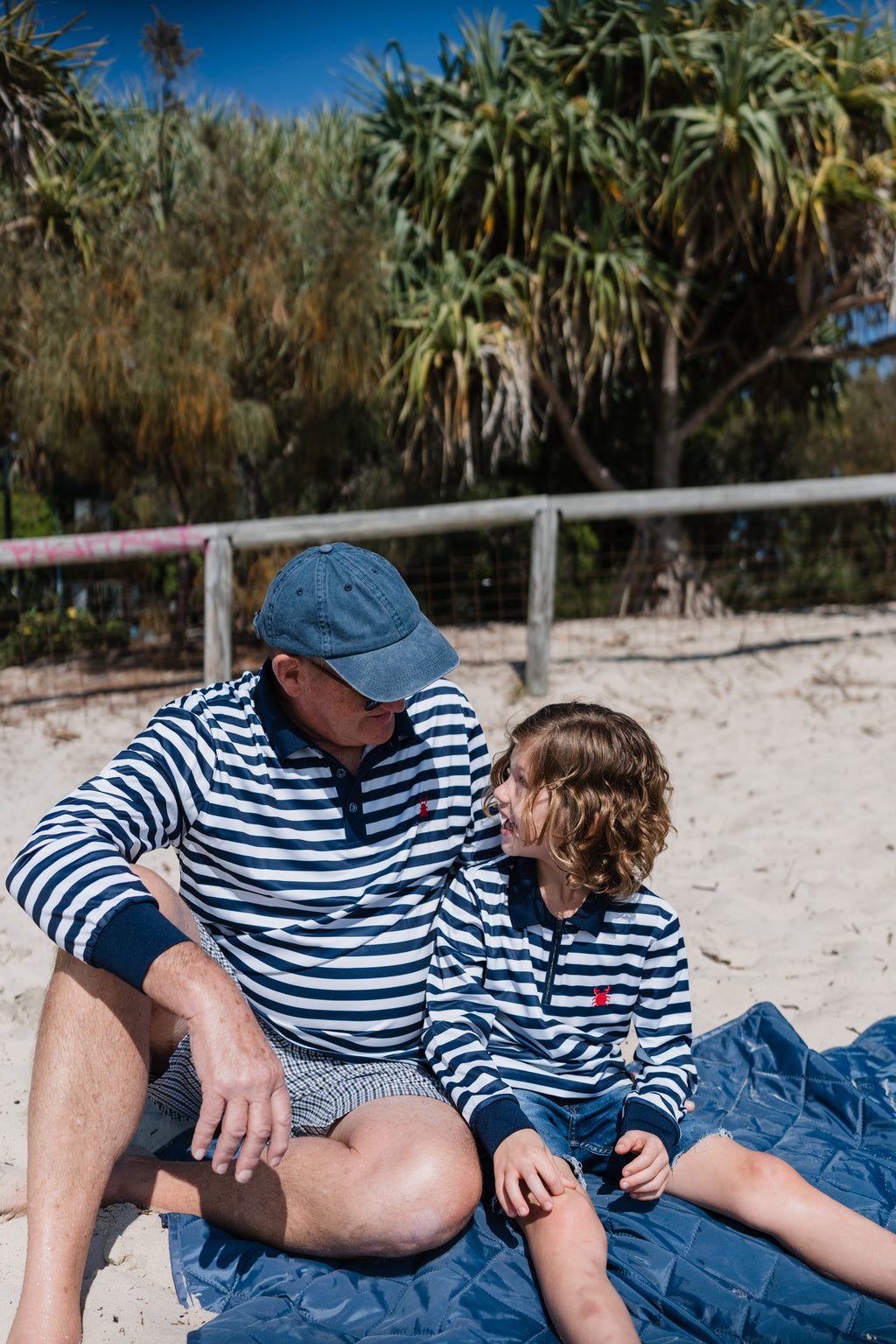 NOOSA - Adults Fishing Shirt | Navy & White Stripe Shirt with Embroidered Crab