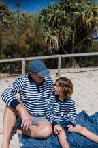 NOOSA - Adults Fishing Shirt | Navy & White Stripe Shirt with Embroidered Crab