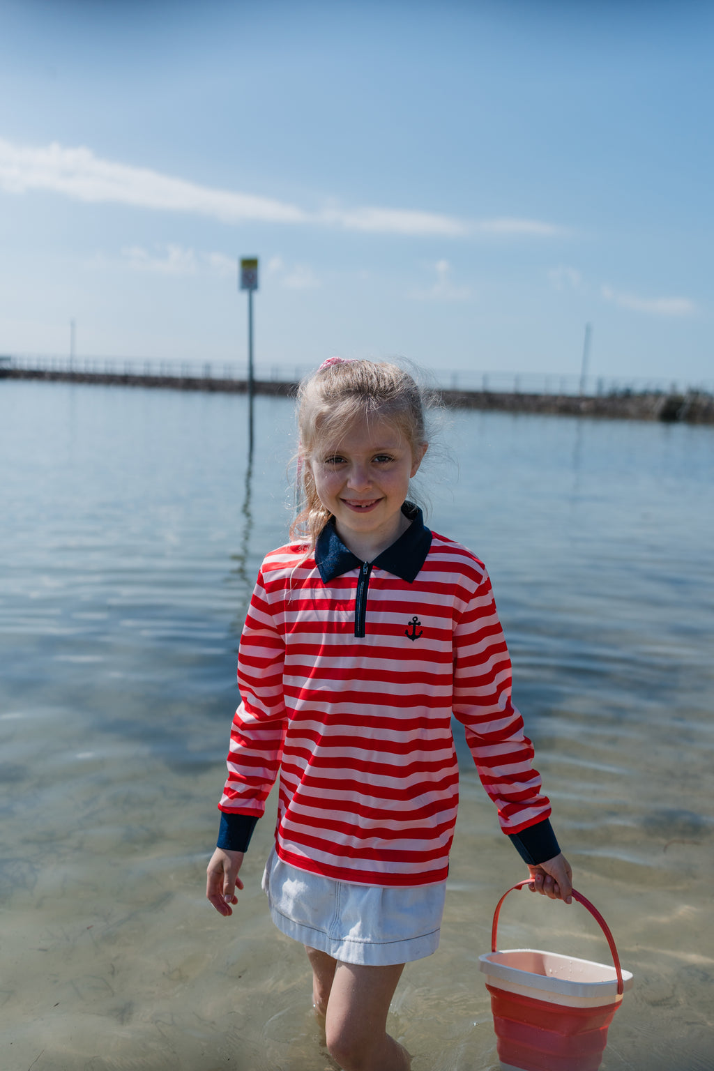 BRONTE - Kids Fishing Shirt | Girls Pink & Red Stripe Shirt with Embroidered Anchor