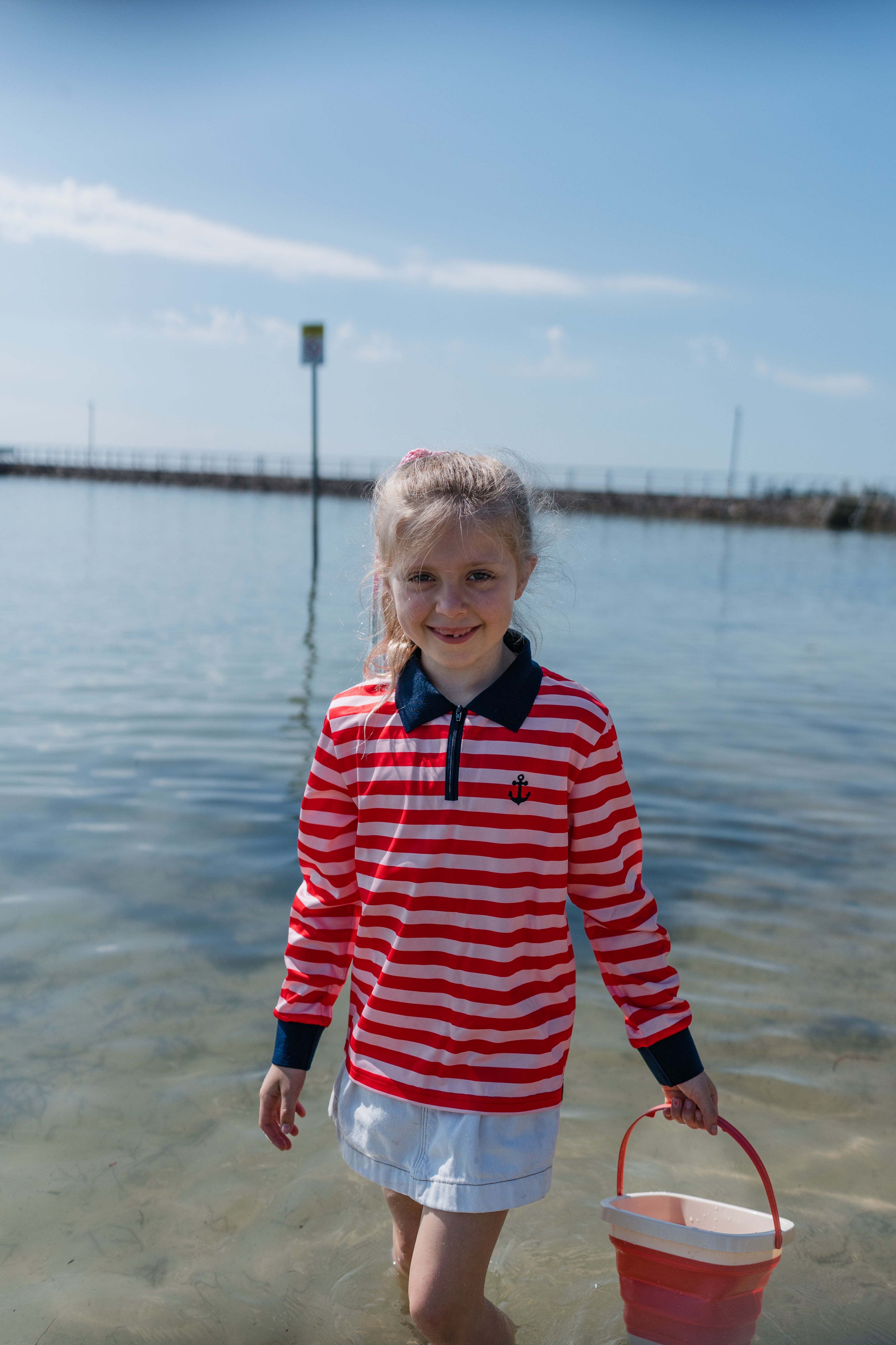 BRONTE - Kids Fishing Shirt | Girls Pink & Red Stripe Shirt with Embroidered Anchor