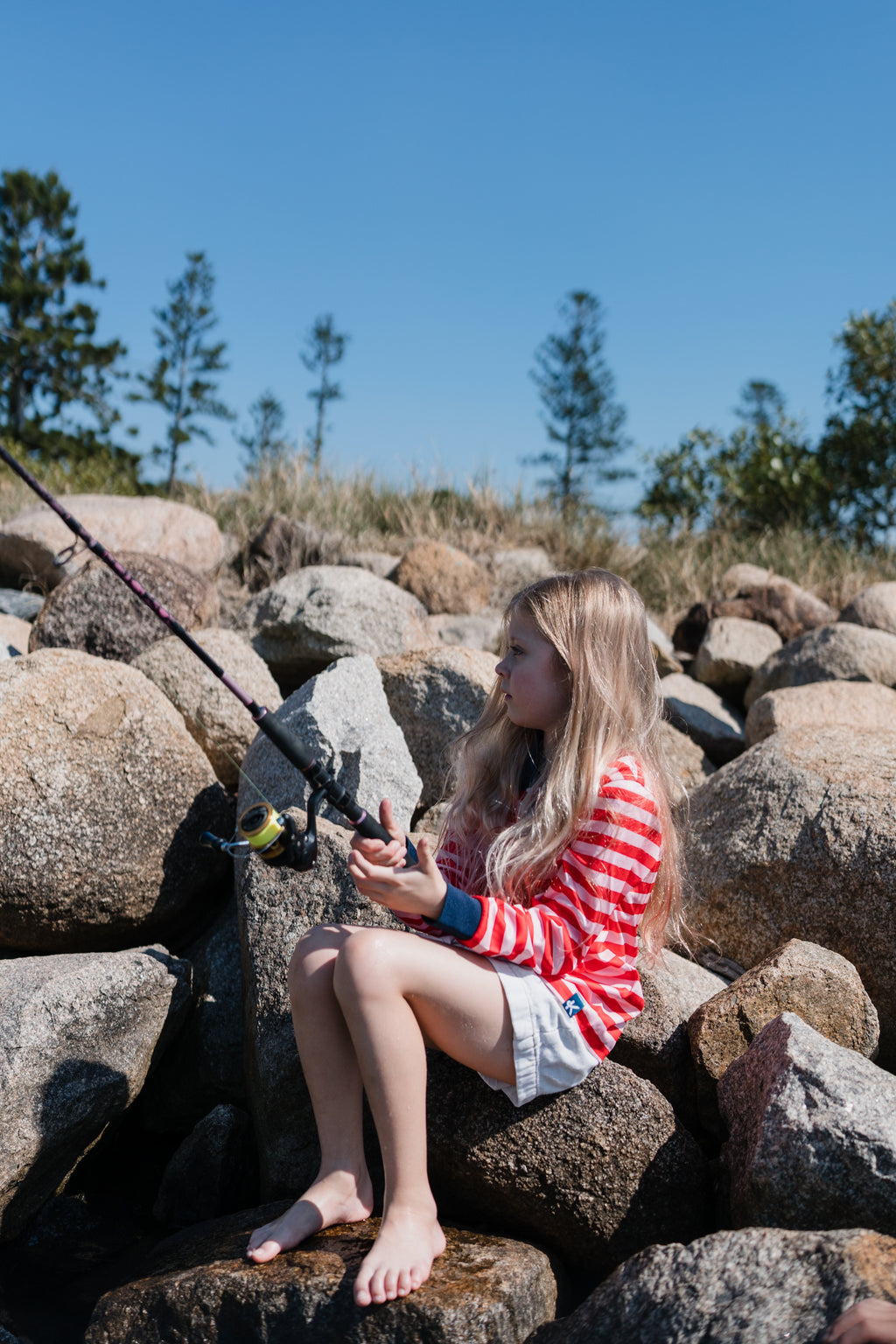 BRONTE - Kids Fishing Shirt | Girls Pink & Red Stripe Shirt with Embroidered Anchor