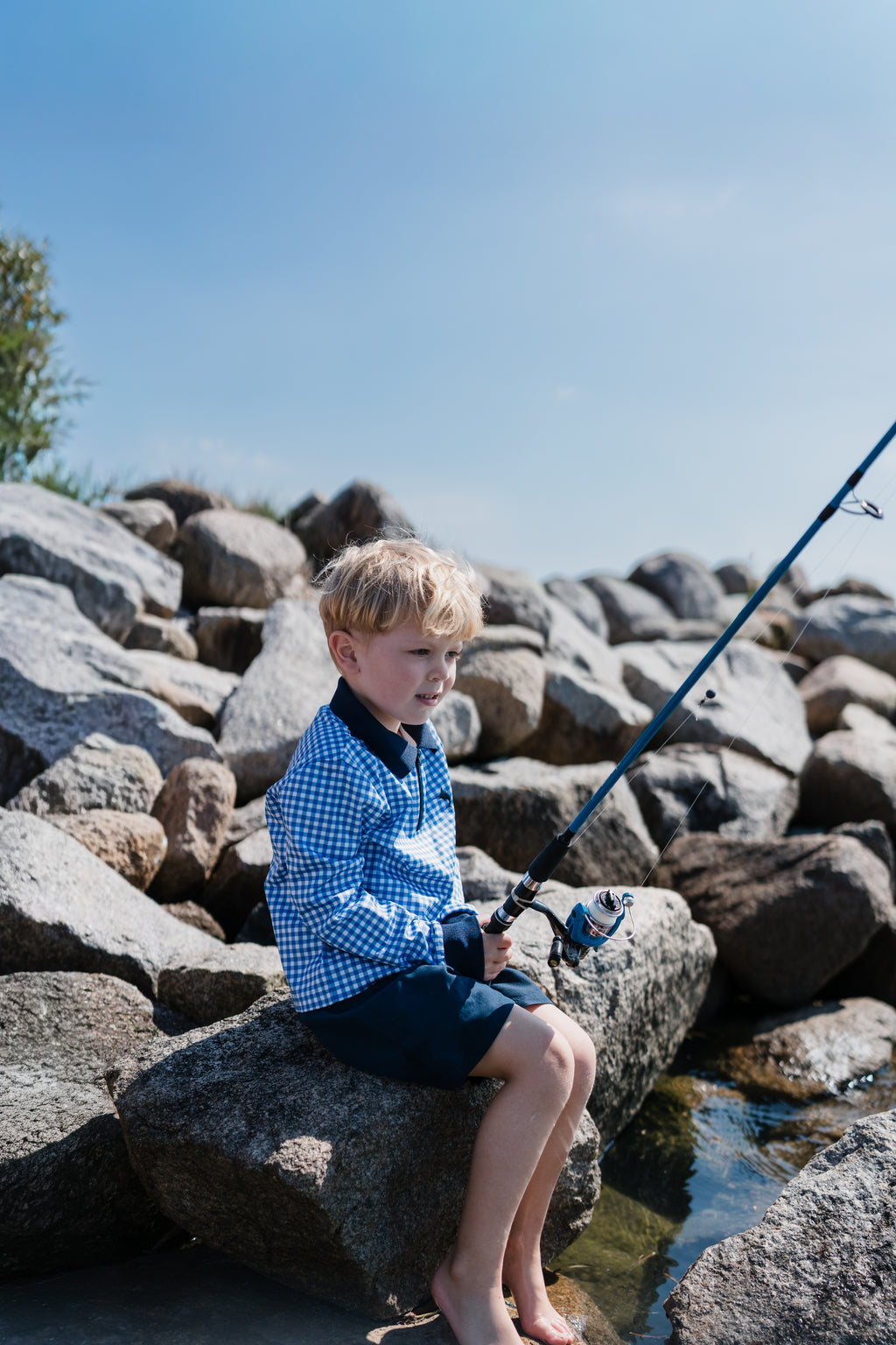 PORTSEA - Kids Fishing Shirt |  Blue Gingham Check Shirt with Embroidered Marlin