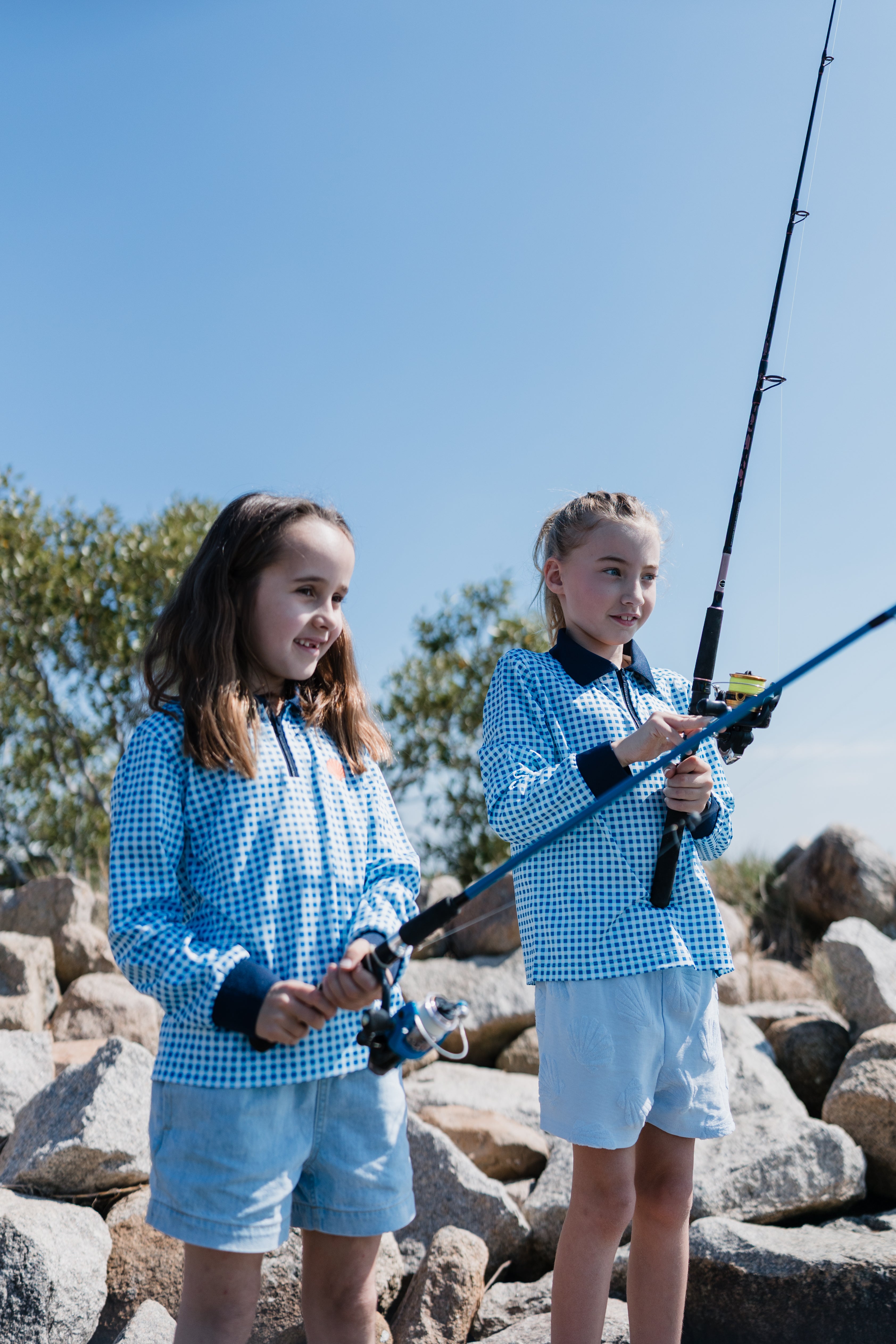 YAMBA - Kids Fishing Shirt | Girls Blue Gingham Shirt with Embriodered Shell
