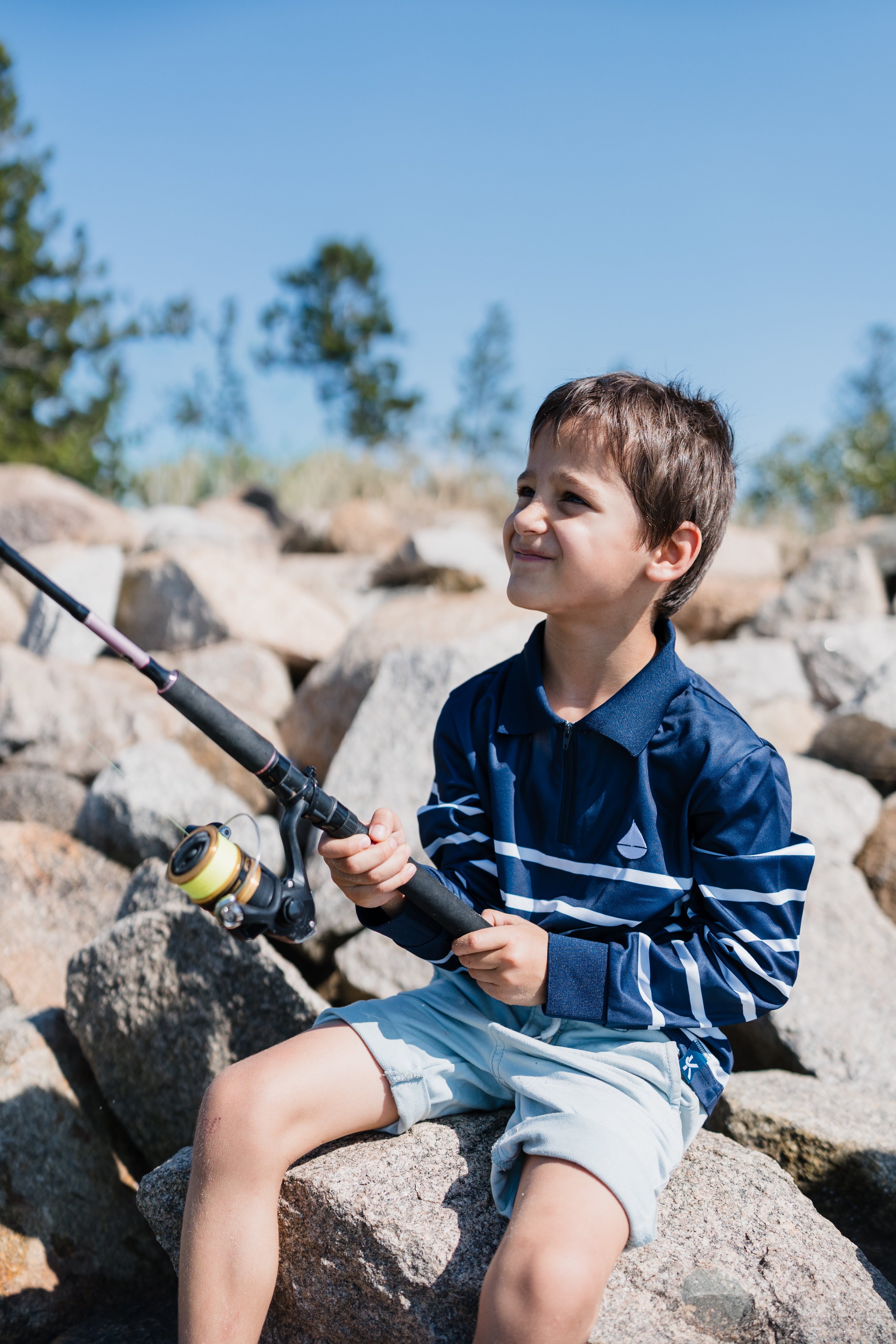 SORRENTO - Kids Fishing Shirt | Navy & White Stripe with Embroidered Boat