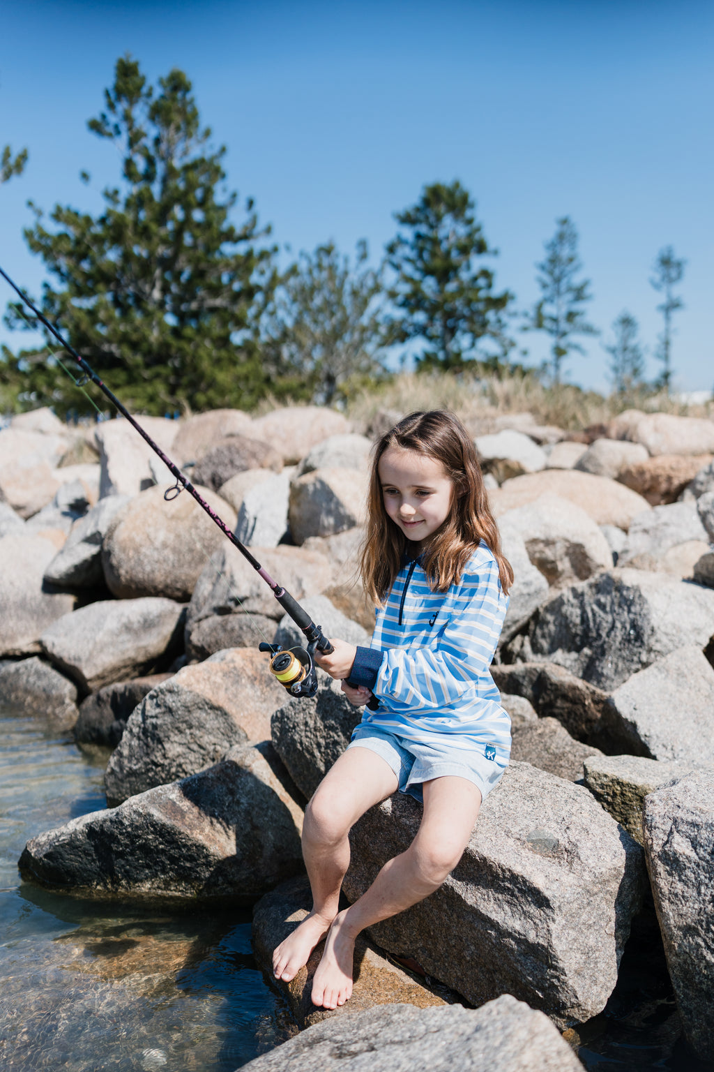 BYRON - Kids Fishing Shirt | Girls Blue & Yellow Stripe with Embroidered Anchor