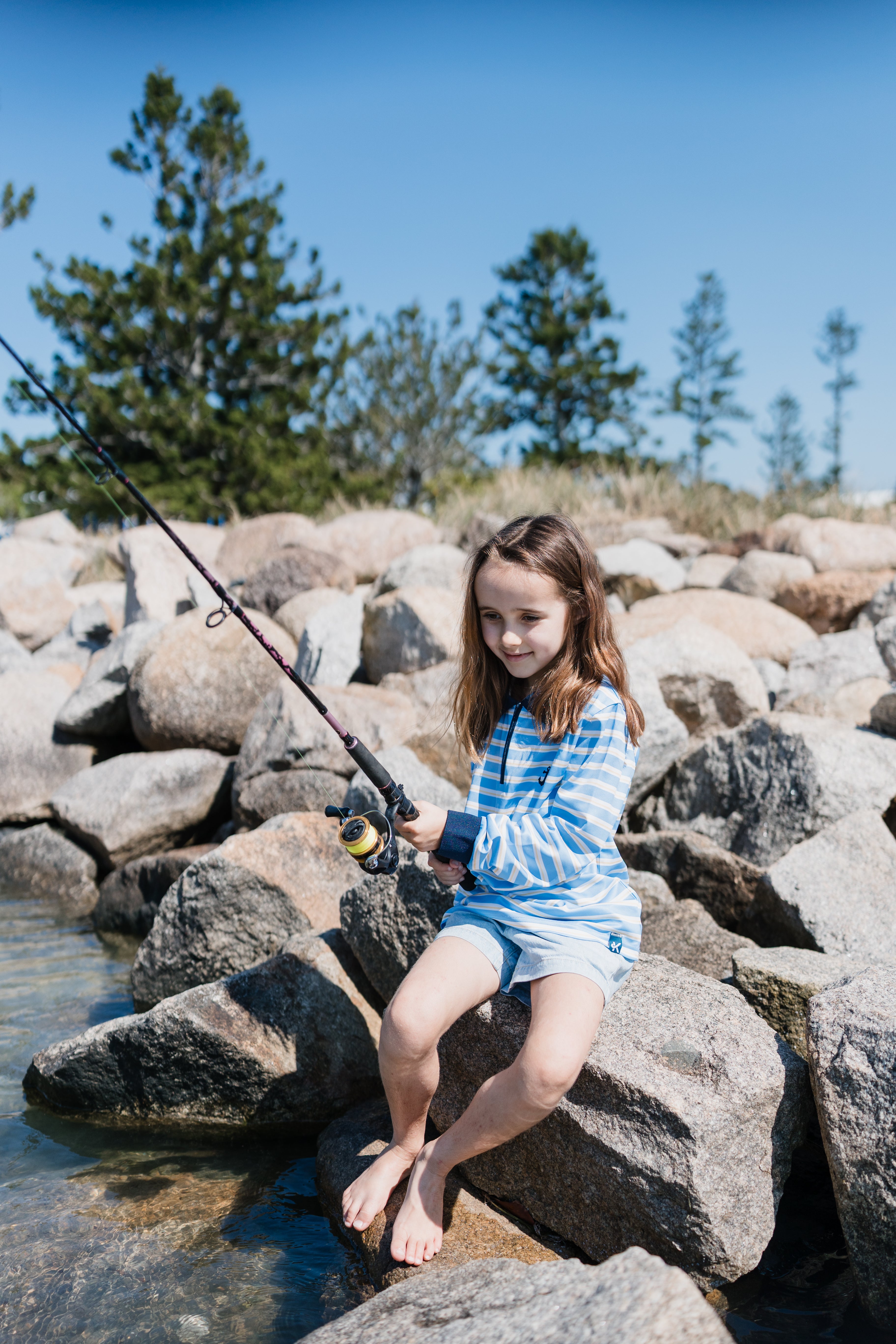BYRON - Kids Fishing Shirt | Girls Blue & Yellow Stripe with Embroidered Anchor