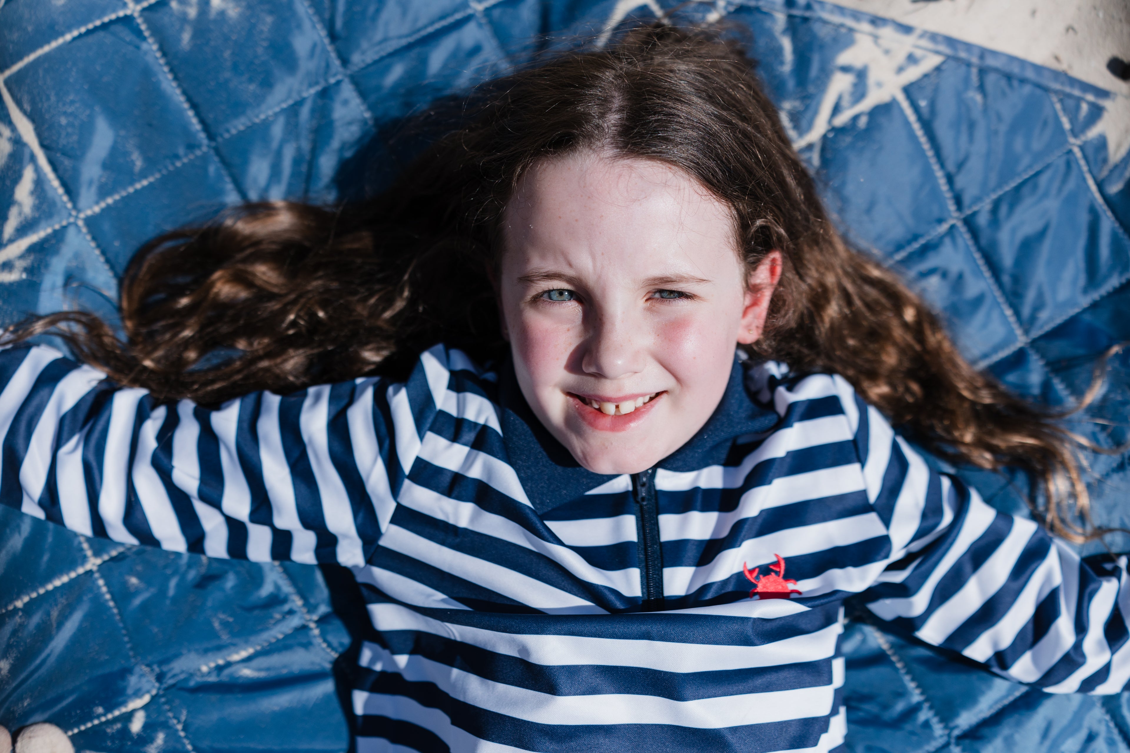 NOOSA - Kids Fishing Shirt | Wide Navy & White Stripe with Embroidered Crab