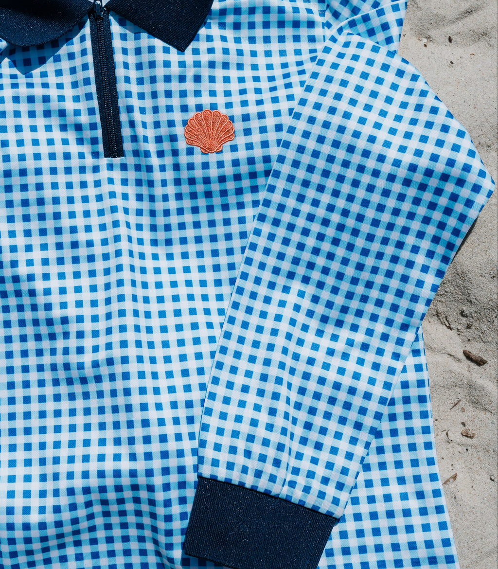 YAMBA - Kids Fishing Shirt | Girls Blue Gingham Shirt with Embriodered Shell