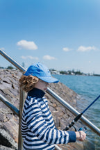 NOOSA - Kids Fishing Shirt | Wide Navy & White Stripe with Embroidered Crab