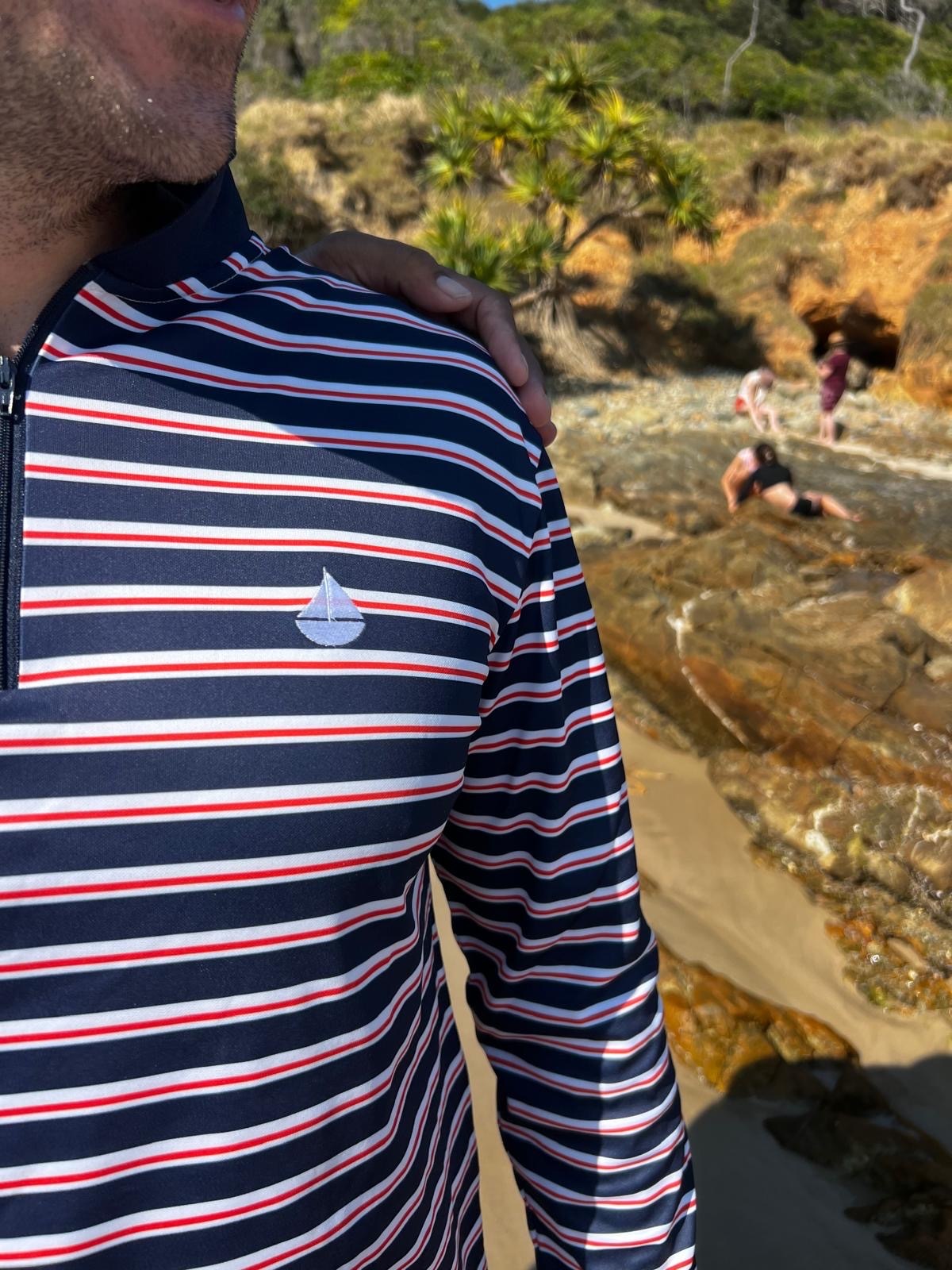 LENNOX - Kids Fishing Shirt | Navy & Red Stripe Shirt with Boat