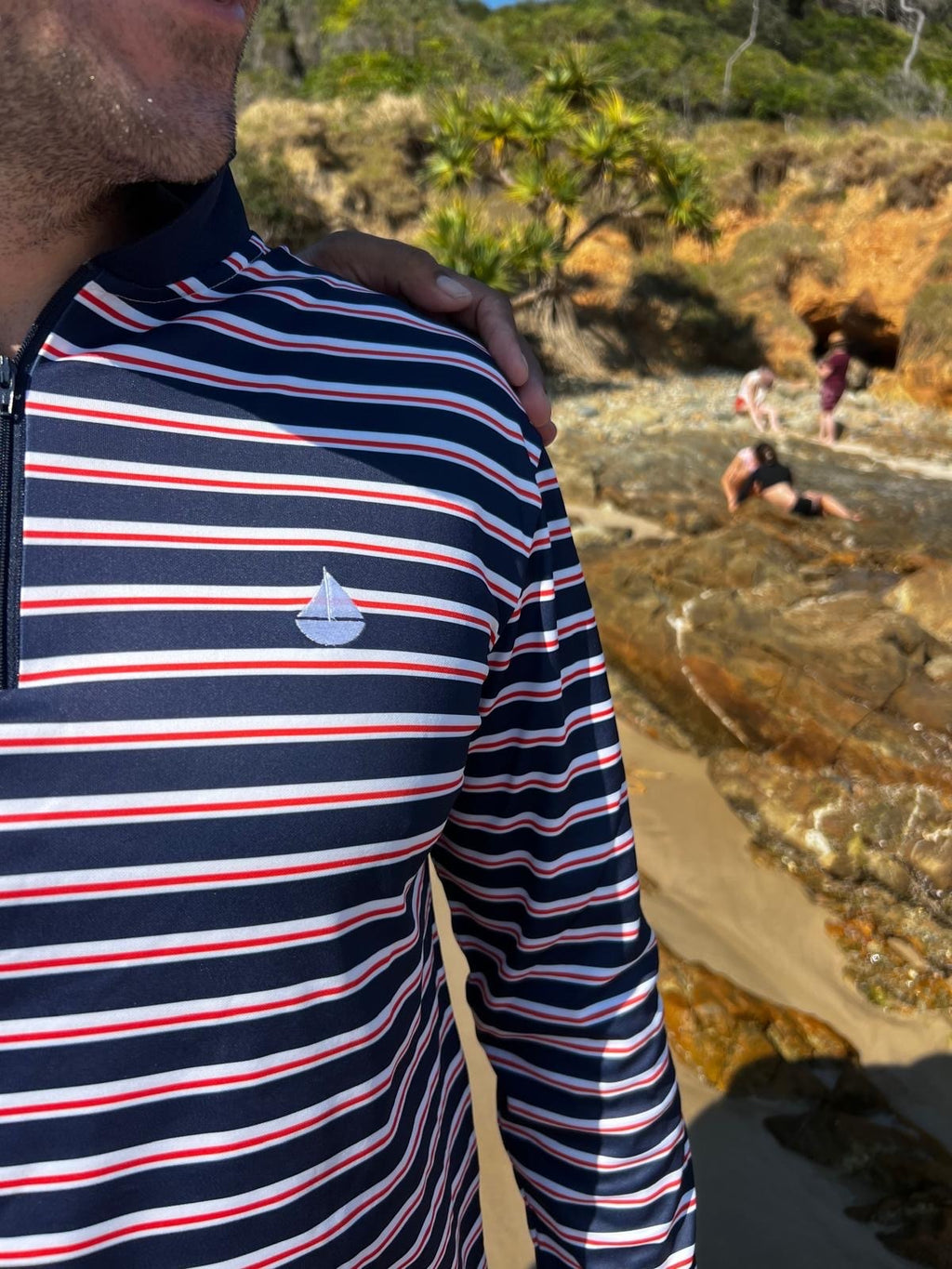 LENNOX - Adults Fishing Shirt | Navy & Red Stripe Shirt with Embroidered Boat