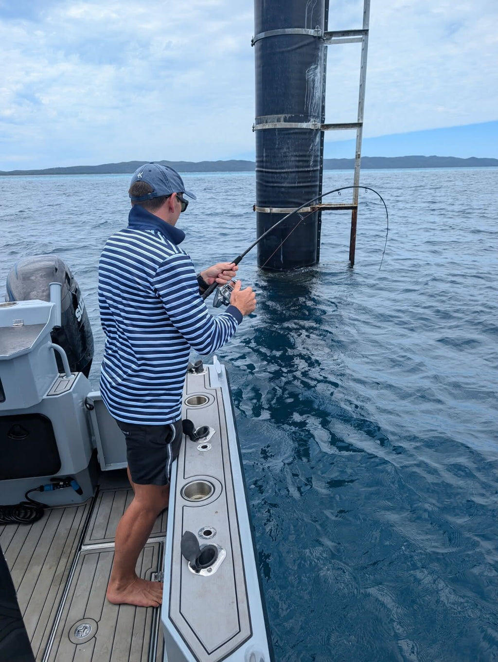 JERVIS - Adults Fishing Shirt |  Navy & Light Blue Stripe Embroidered Marlin