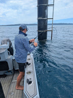 JERVIS - Adults Fishing Shirt |  Navy & Light Blue Stripe Embroidered Marlin