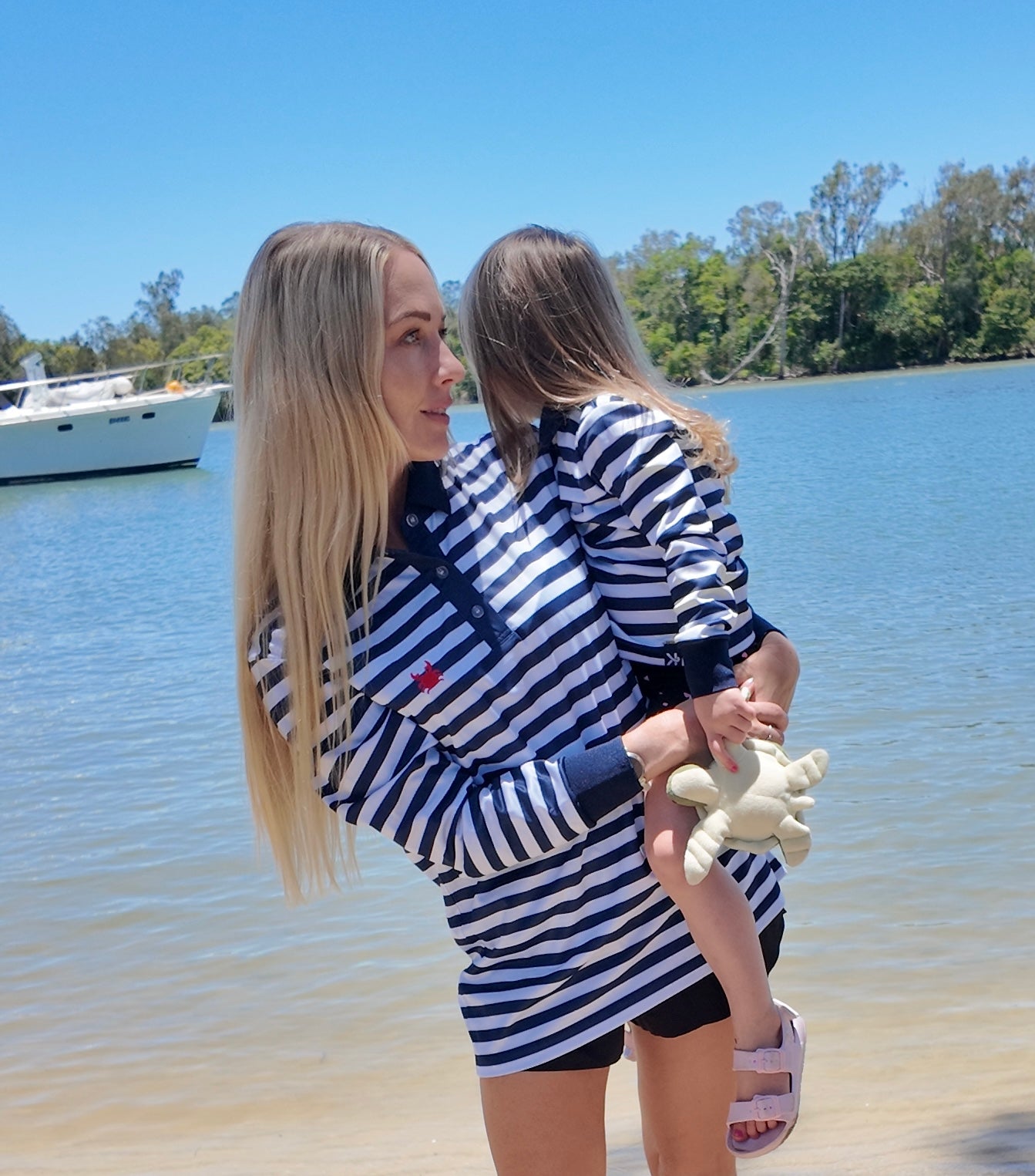 NOOSA - Adults Fishing Shirt | Navy & White Stripe Shirt with Embroidered Crab