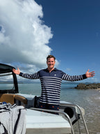 SORRENTO - Adults Fishing Shirt |  Navy & White Stripe with Embroidered Boat