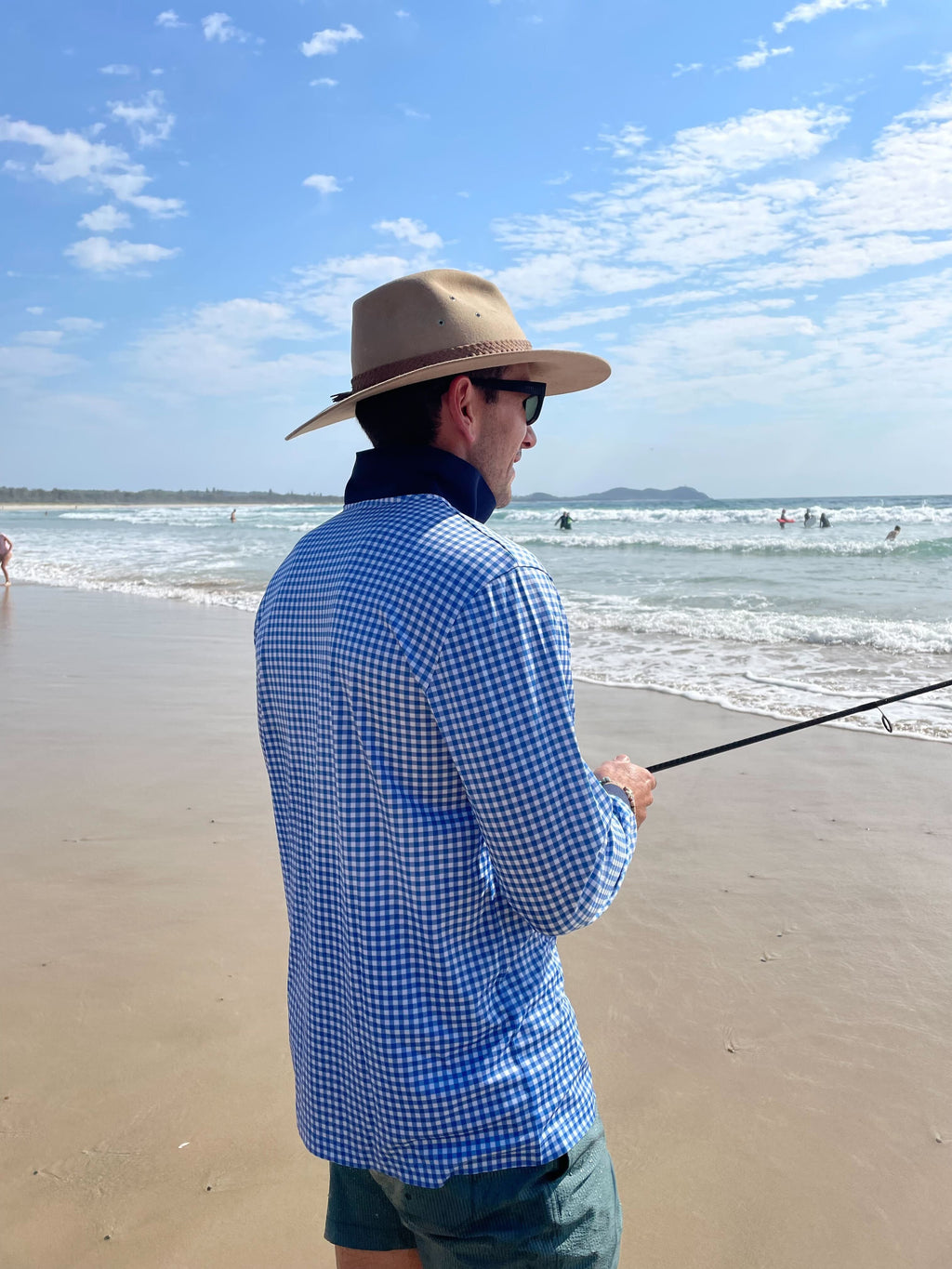 PORTSEA - Adults Fishing Shirt |  Blue Gingham Check Shirt with Embroidered Marlin