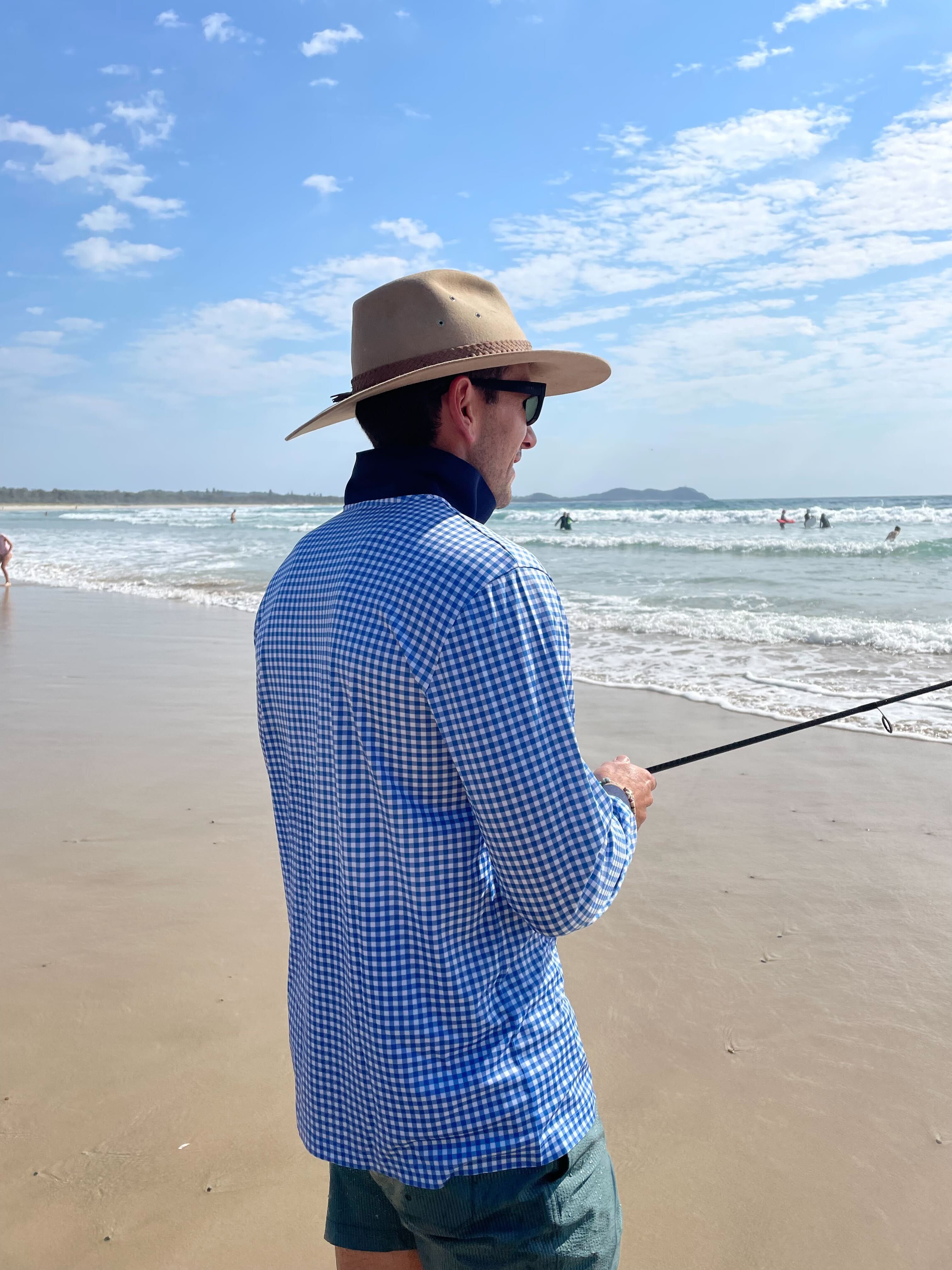 PORTSEA - Adults Fishing Shirt |  Blue Gingham Check Shirt with Embroidered Marlin