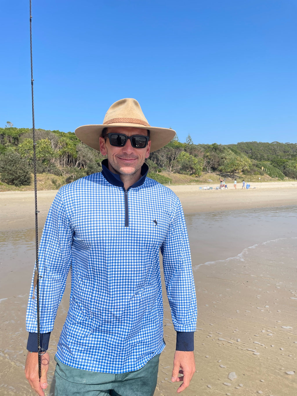 PORTSEA - Adults Fishing Shirt |  Blue Gingham Check Shirt with Embroidered Marlin