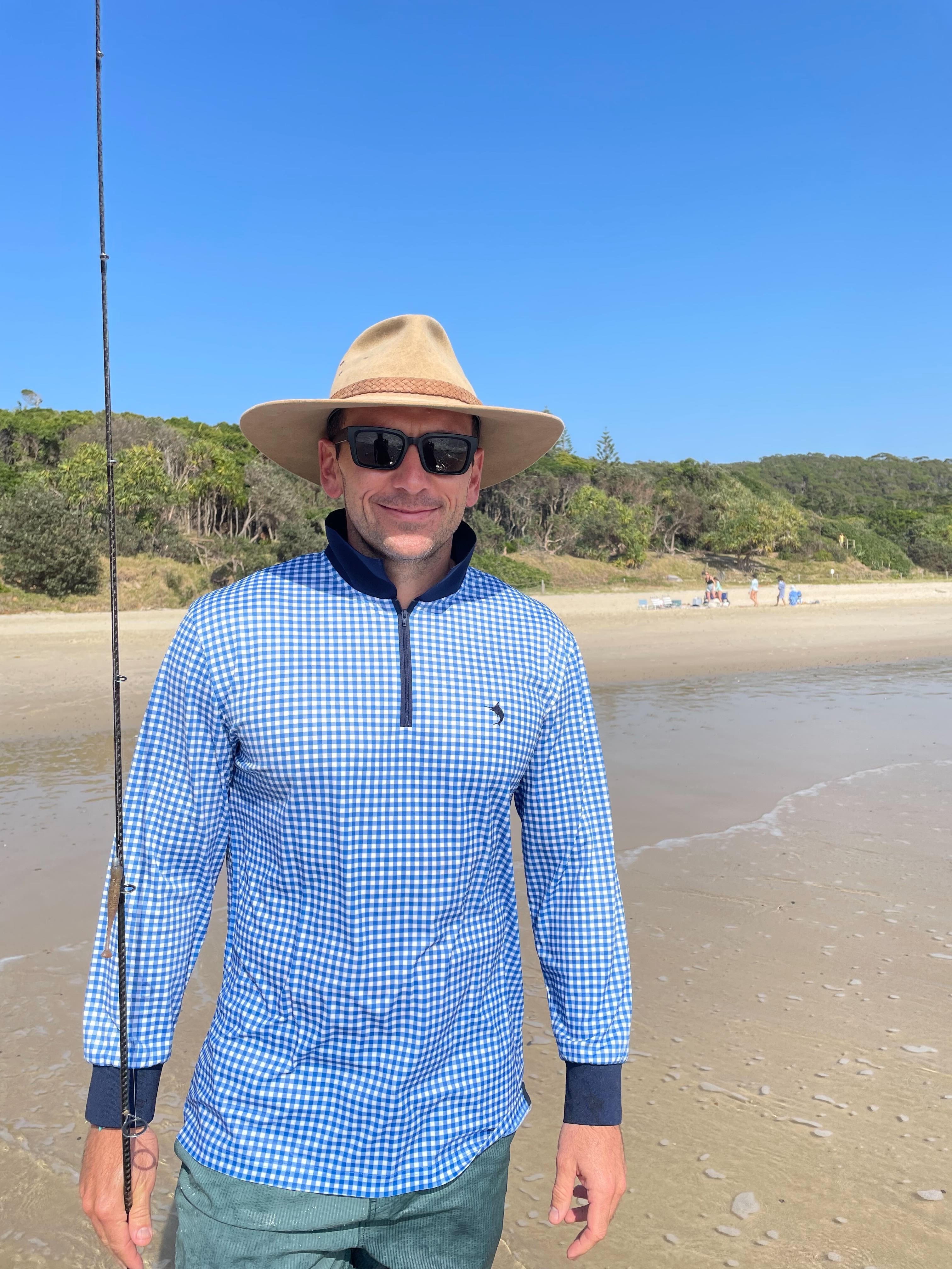 PORTSEA - Adults Fishing Shirt |  Blue Gingham Check Shirt with Embroidered Marlin