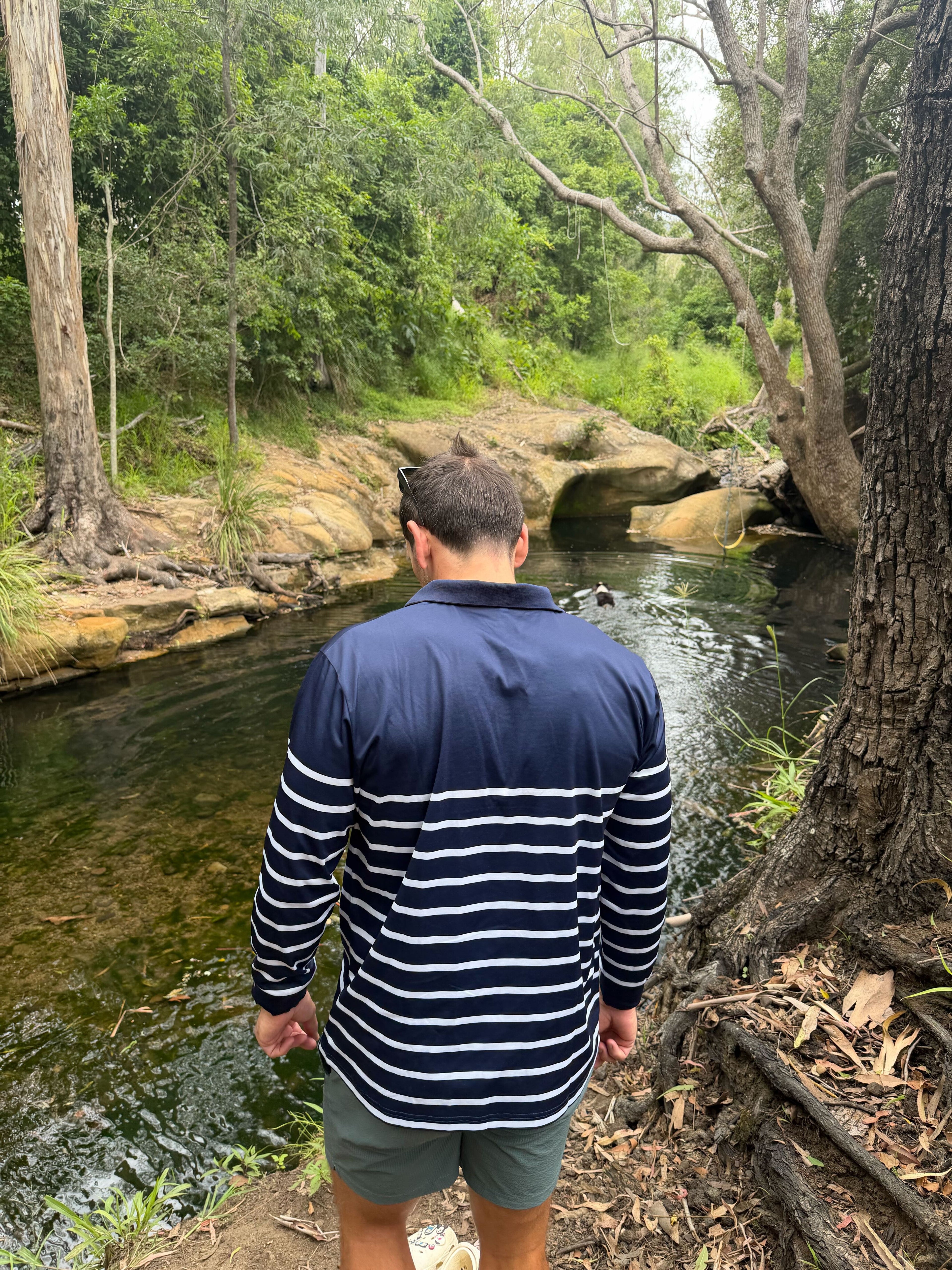 SORRENTO - Adults Fishing Shirt |  Navy & White Stripe with Embroidered Boat