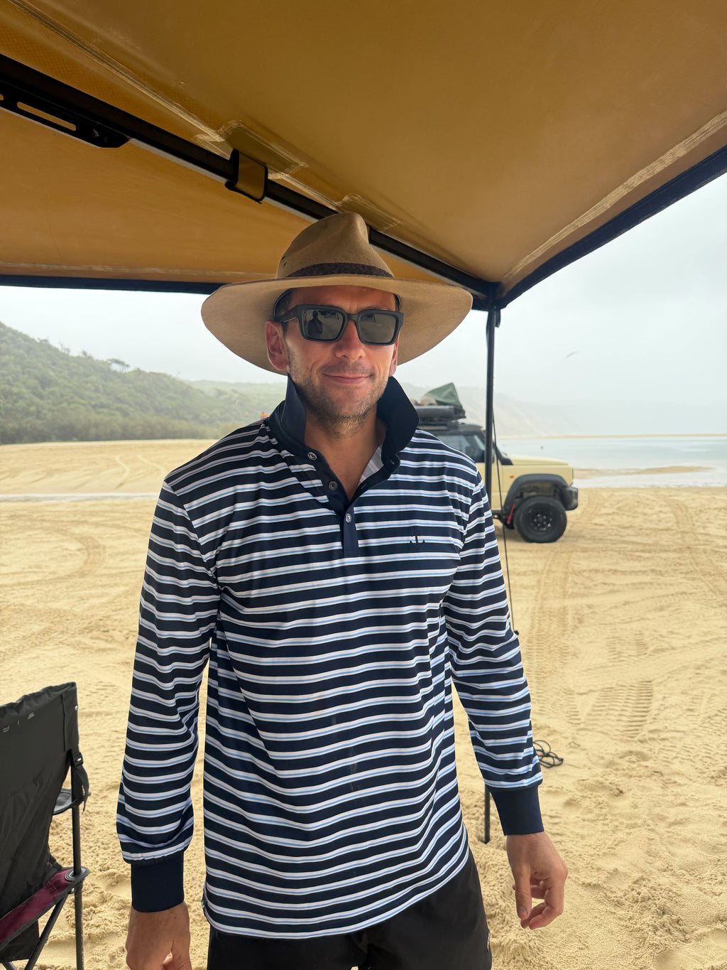 JERVIS - Adults Fishing Shirt |  Navy & Light Blue Stripe Embroidered Marlin