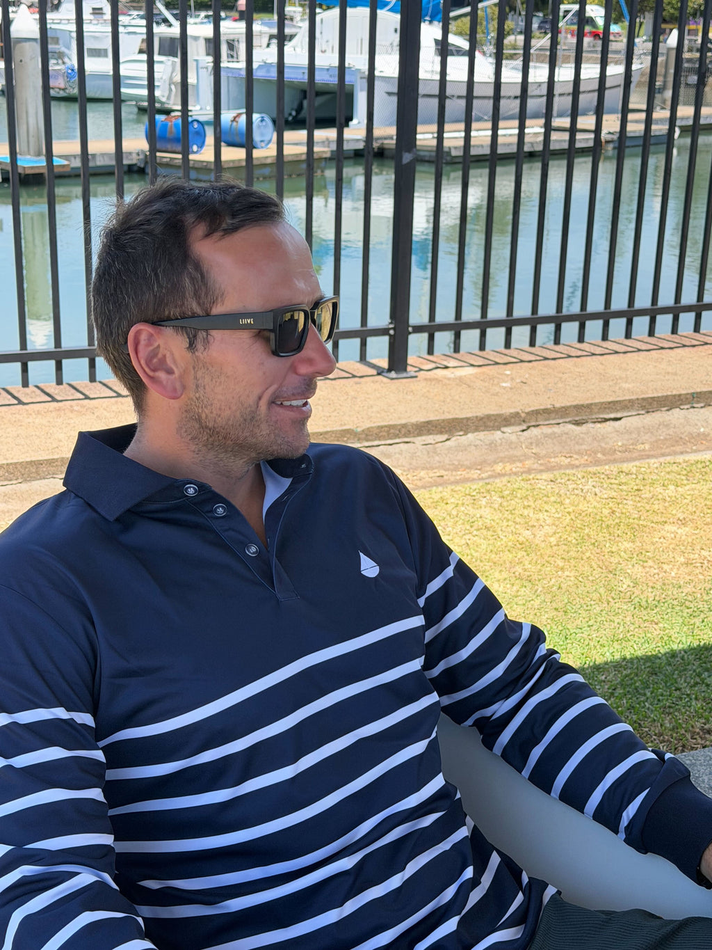 SORRENTO - Adults Fishing Shirt |  Navy & White Stripe with Embroidered Boat