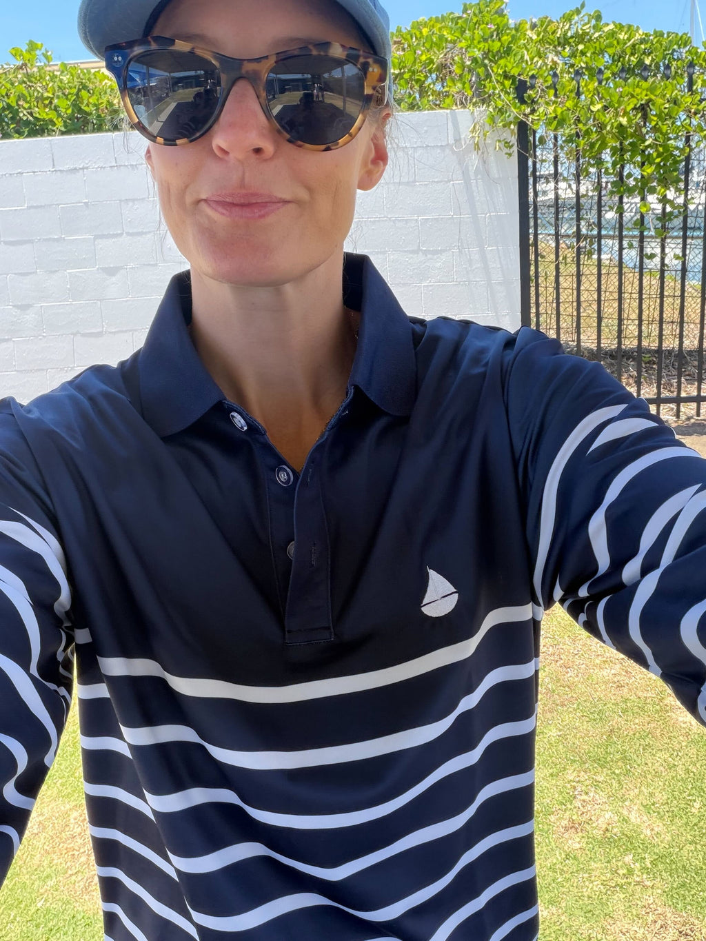 SORRENTO - Adults Fishing Shirt |  Navy & White Stripe with Embroidered Boat