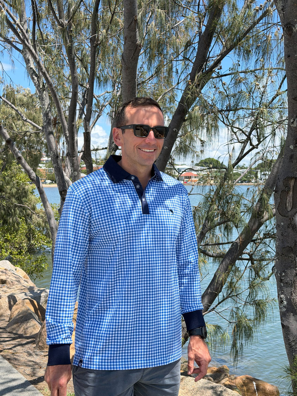 PORTSEA - Adults Fishing Shirt |  Blue Gingham Check Shirt with Embroidered Marlin