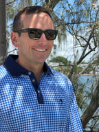 PORTSEA - Adults Fishing Shirt |  Blue Gingham Check Shirt with Embroidered Marlin