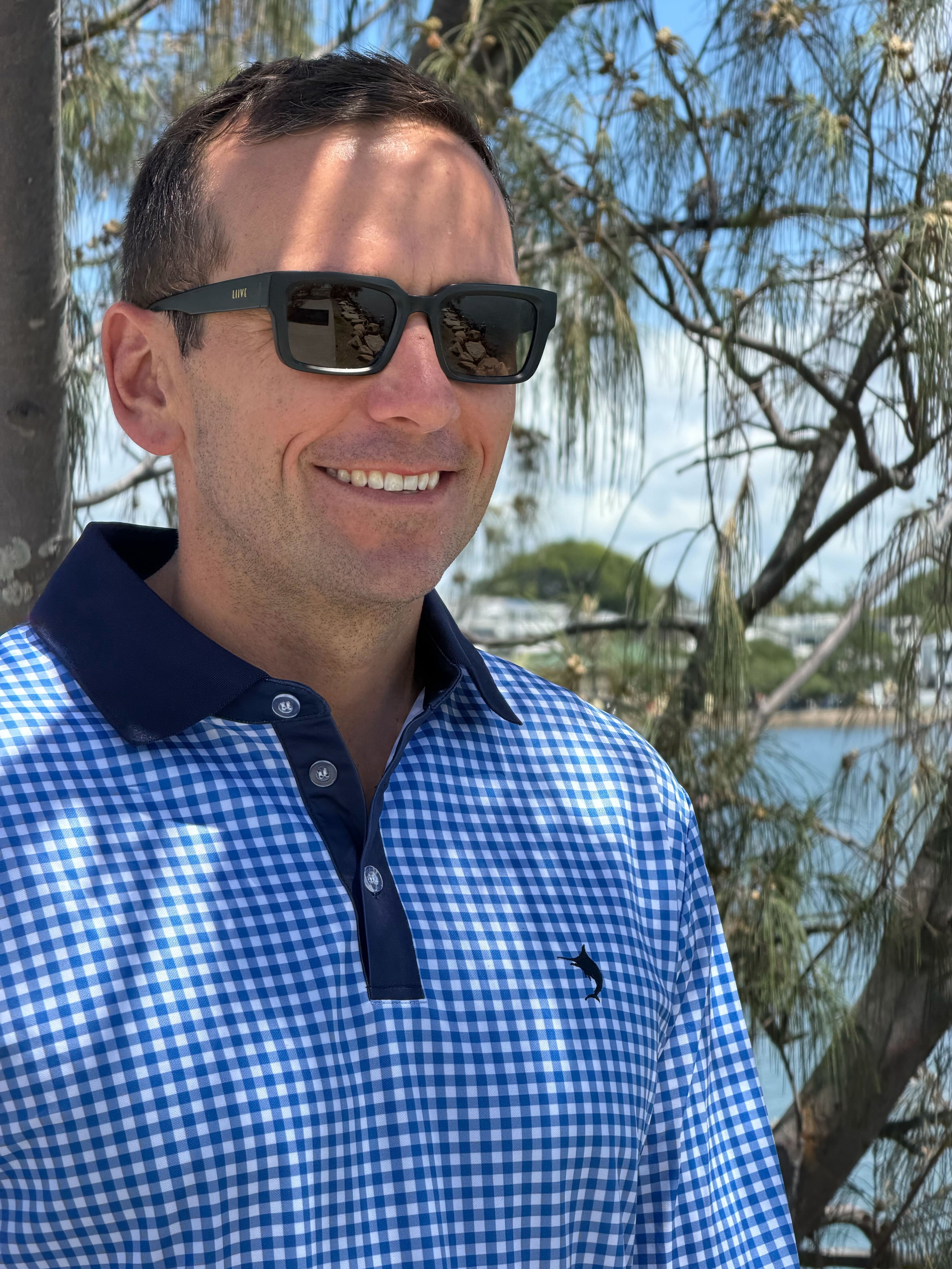 PORTSEA - Adults Fishing Shirt |  Blue Gingham Check Shirt with Embroidered Marlin