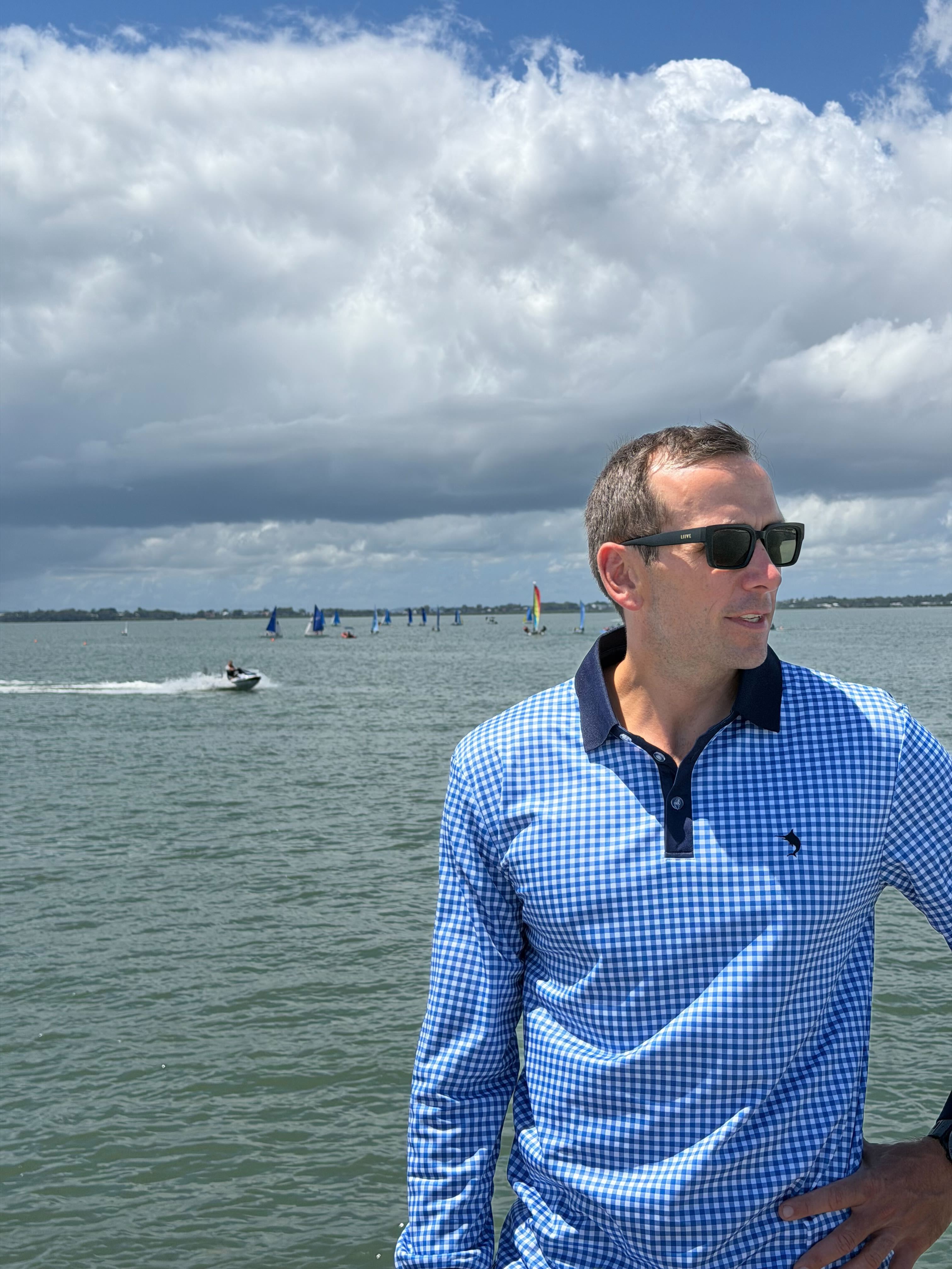 PORTSEA - Adults Fishing Shirt |  Blue Gingham Check Shirt with Embroidered Marlin