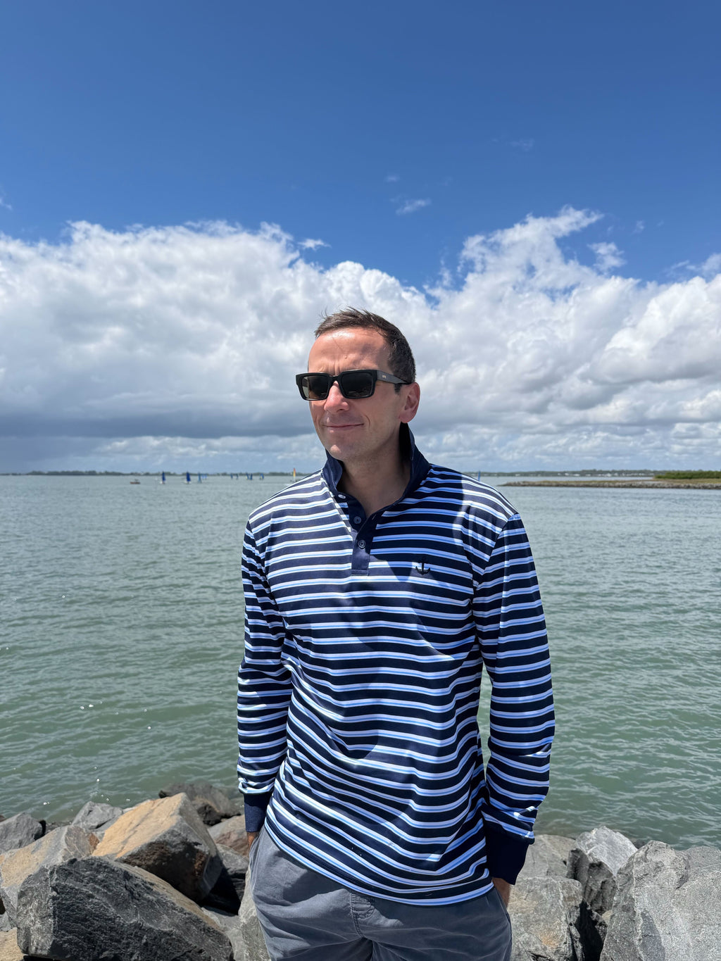 JERVIS - Adults Fishing Shirt |  Navy & Light Blue Stripe Embroidered Marlin