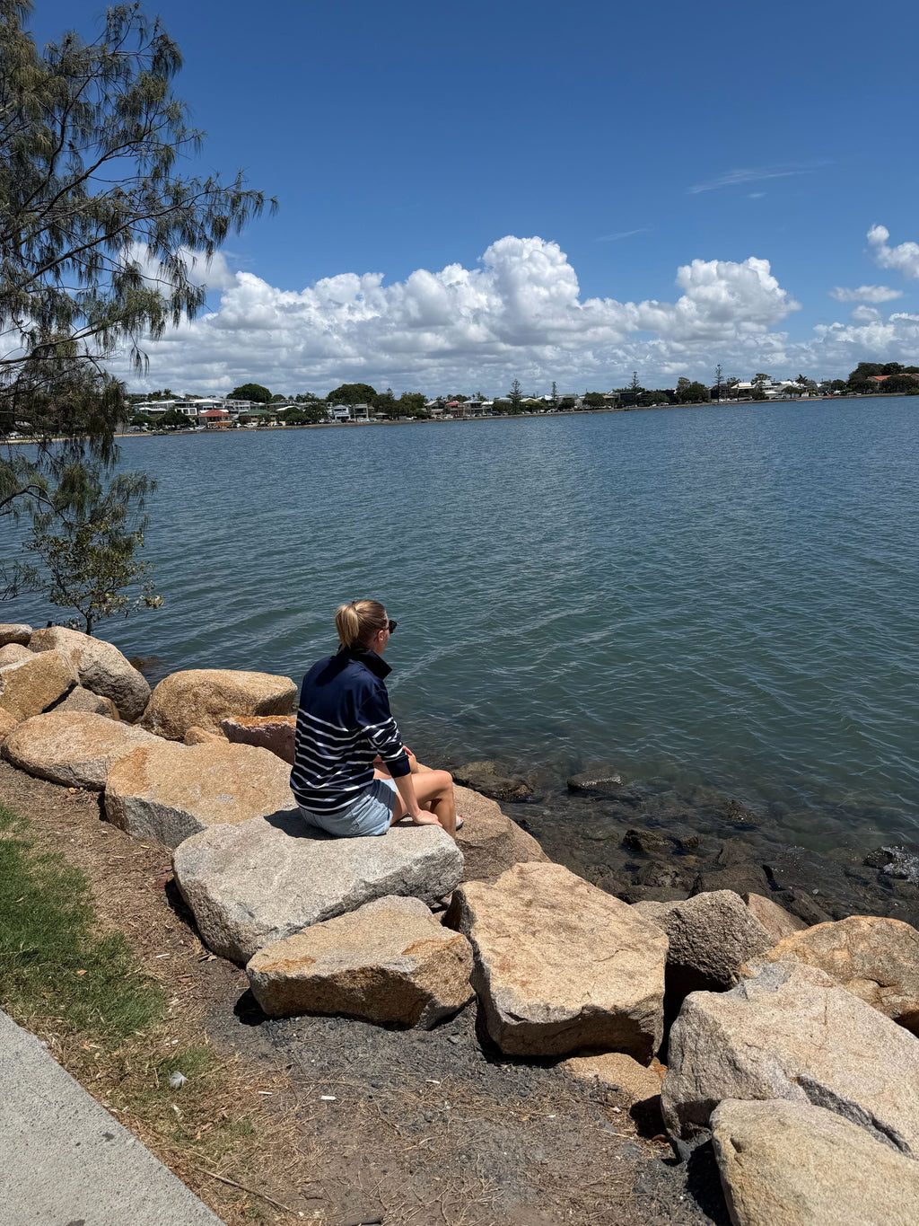 SORRENTO - Adults Fishing Shirt |  Navy & White Stripe with Embroidered Boat