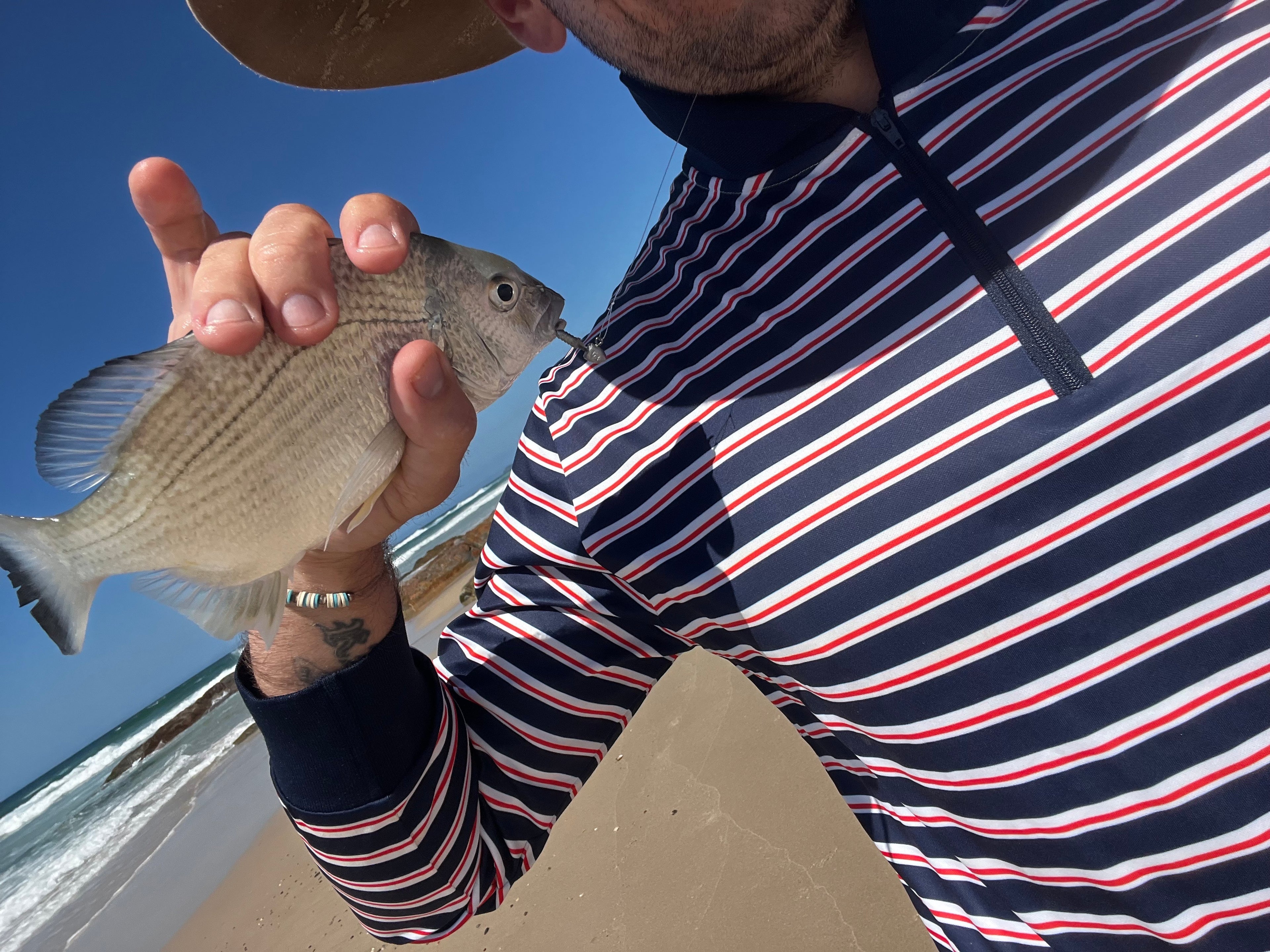 LENNOX - Adults Fishing Shirt | Navy & Red Stripe Shirt with Embroidered Boat