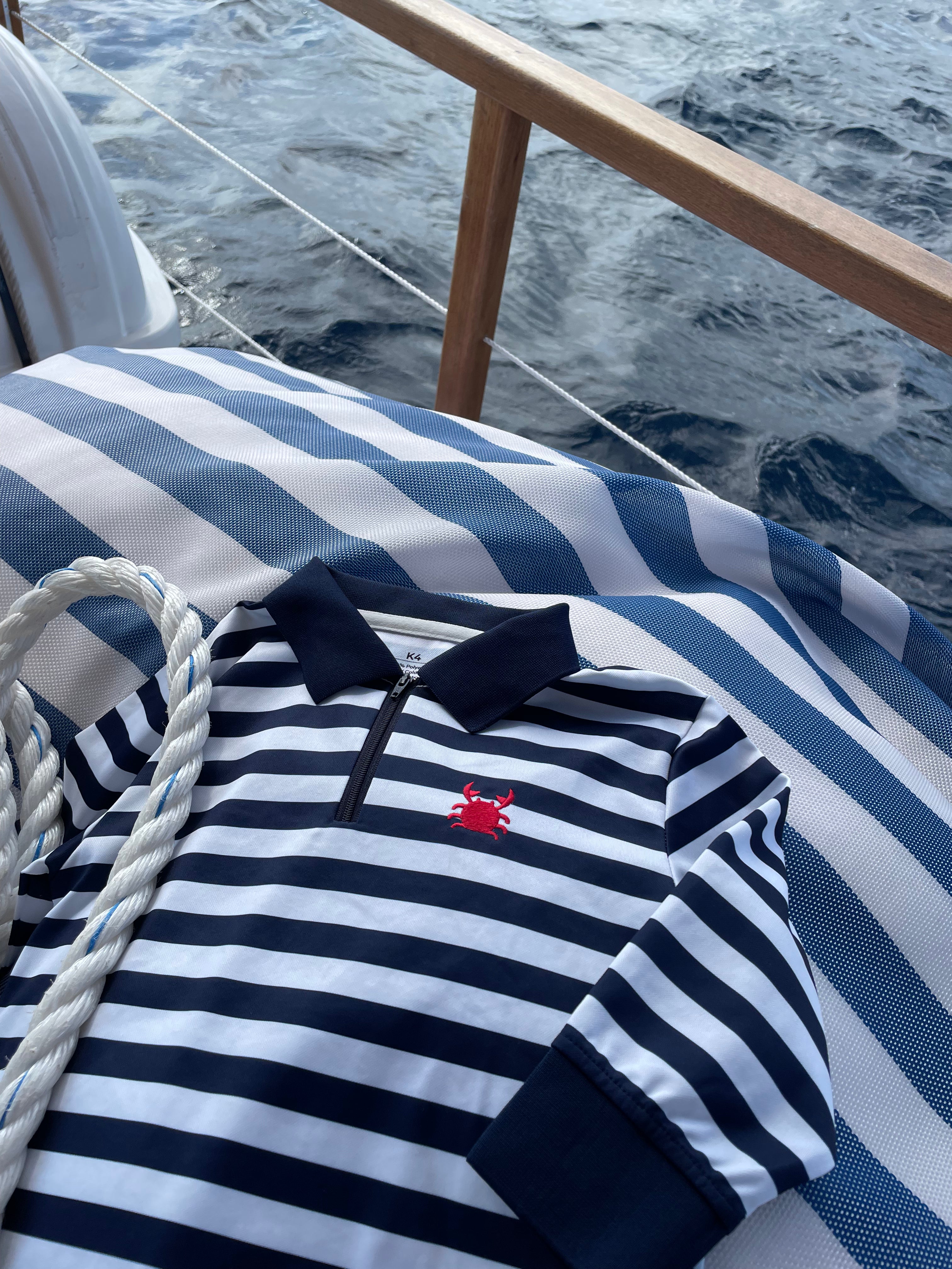 NOOSA - Kids Fishing Shirt | Wide Navy & White Stripe with Embroidered Crab