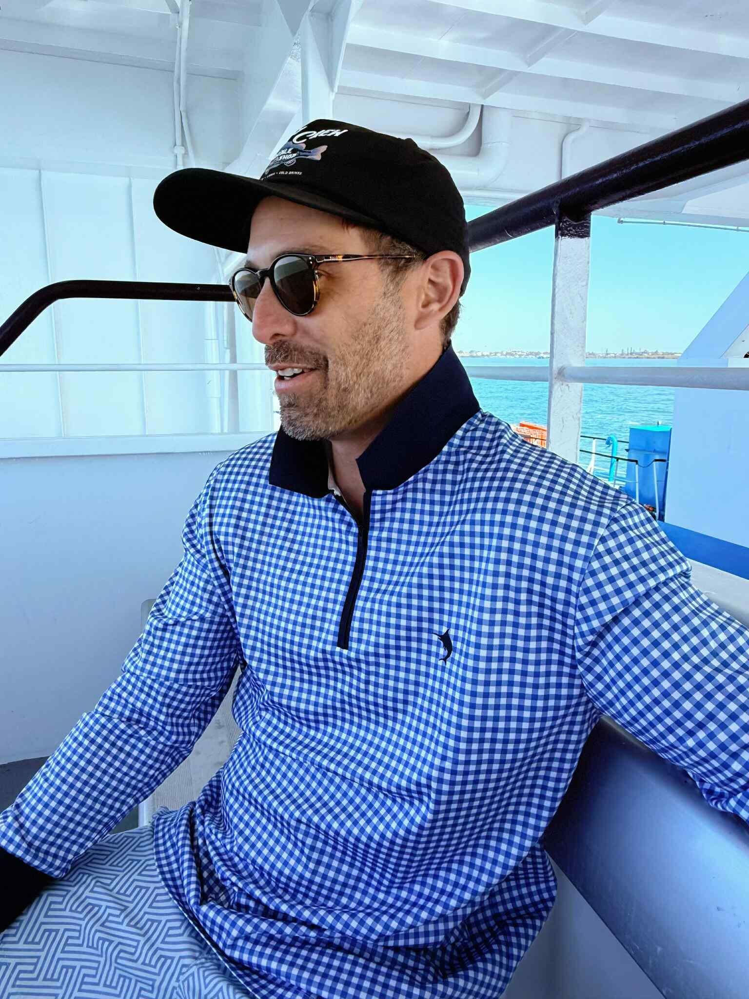 PORTSEA - Adults Fishing Shirt |  Blue Gingham Check Shirt with Embroidered Marlin