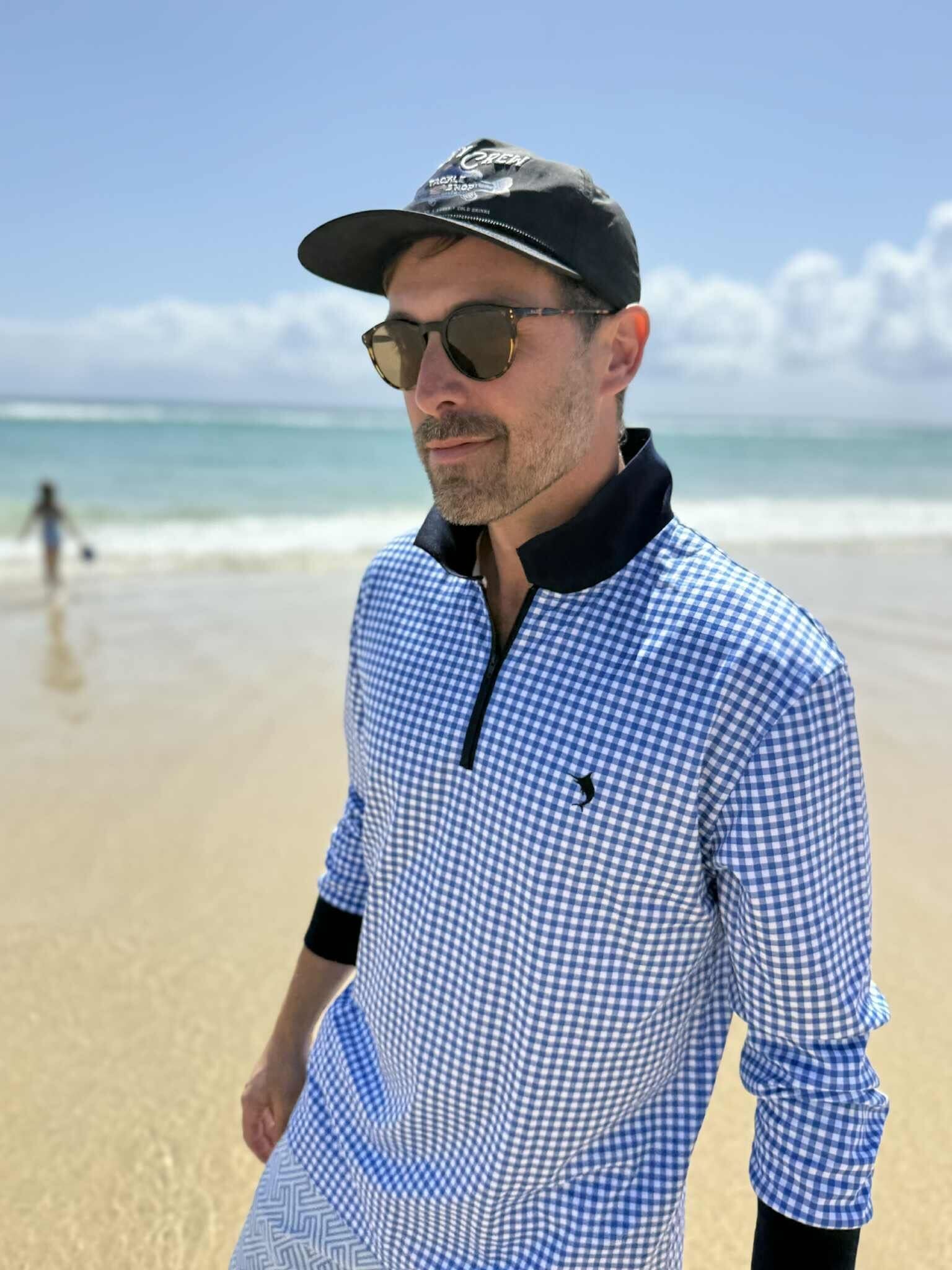 PORTSEA - Adults Fishing Shirt |  Blue Gingham Check Shirt with Embroidered Marlin